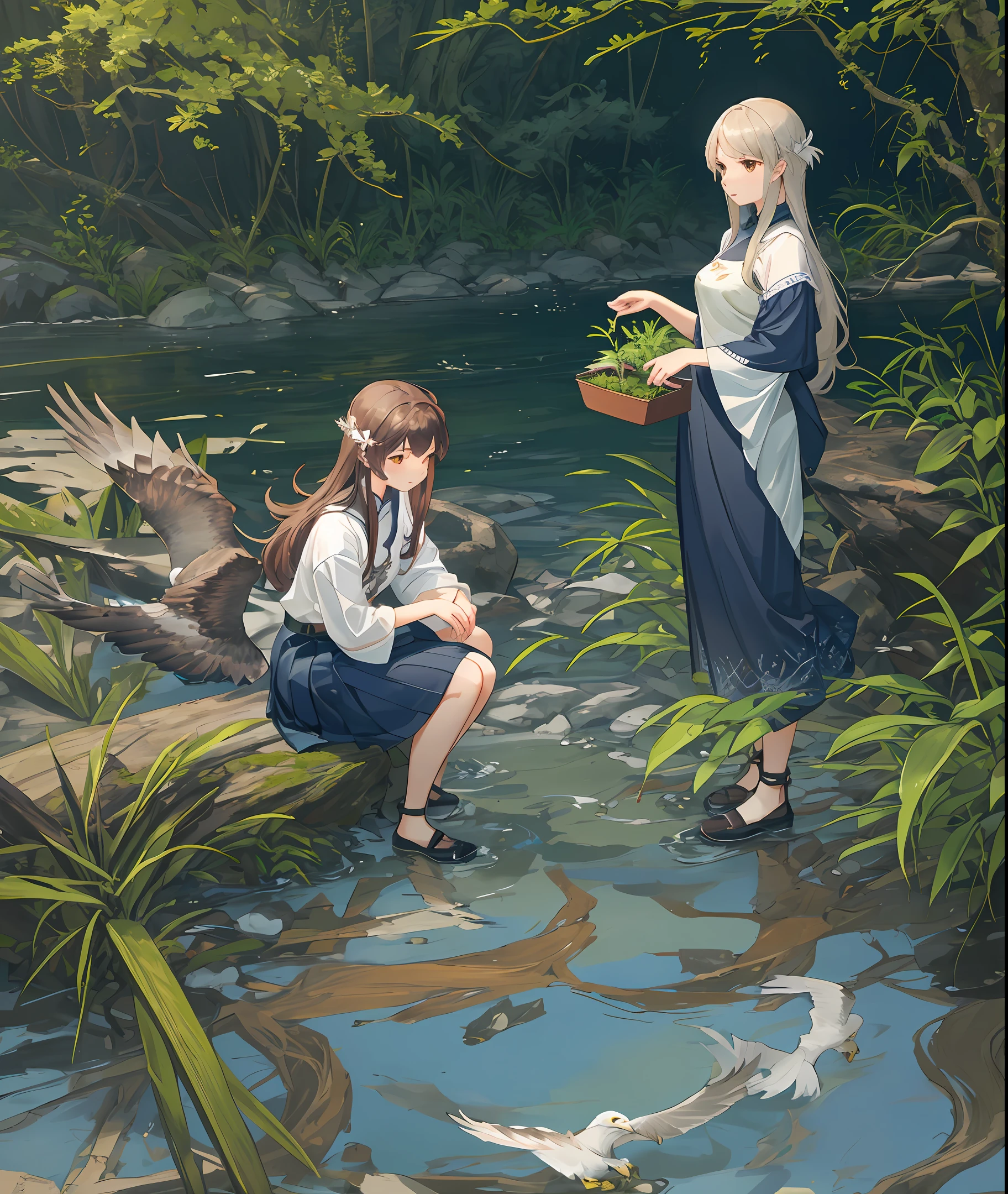 iver, aquatic plants, beautiful, Chinese girls, collecting, plants, sandy beach, ospreys, distance water, flowing, current, stream, grass, maiden, young lady, picking, shore, sand, fish eagle, sea eagle, view