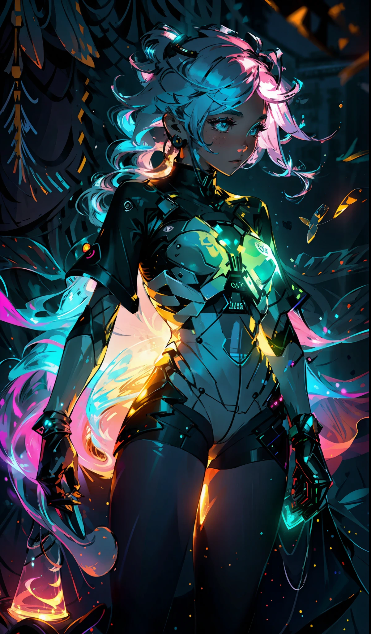 cute young woman, ultra high quality, volumetric, bioluminescence, luminism, pink-orange, global ilumination