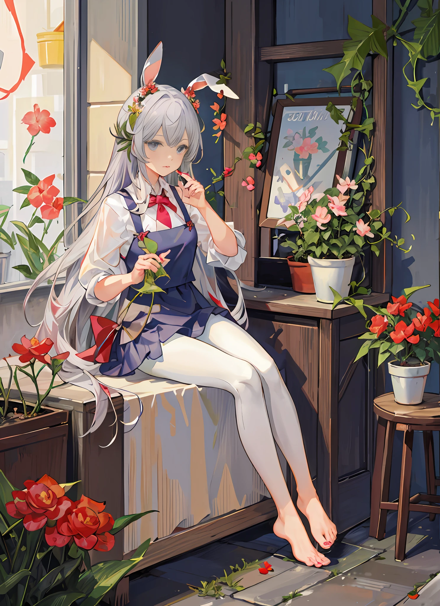 Flowers, nail polish, plants, potted plants, buns, pots, vases, toenail polish, animal ears, rabbit ears, roses, red nails, leaves, safflower, hydrangeas, feet, tulips, bamboo, pink flowers, pulling cow flowers, purple flowers, pink roses, toenails, 1girl, long hair, vines, blue nails, toes, red roses, stockings, bouquets, cacti, ivy, garden, soles, pink nails, blue eyes, barefoot, sitting, watering can, yellow flowers, ten fingers interlocked, black pants, palm trees, stands, short tie , Nail, Tanabata, Bunny Girl, Window, amiya_ (arknights\), lily_of_the_valley, camellia, silver_hair, solo, ribbon