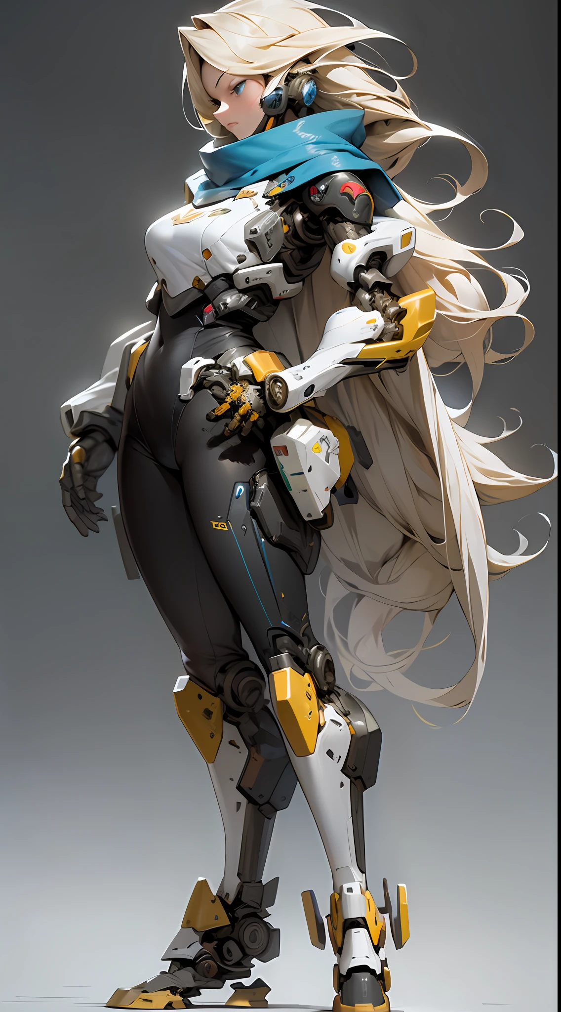 Masterpiece, Awesome, 1girl, tights, full body, long hair, blonde hair, robotic arms, mid-chest, blue scarf, sci-fi, solo, standing, simple background