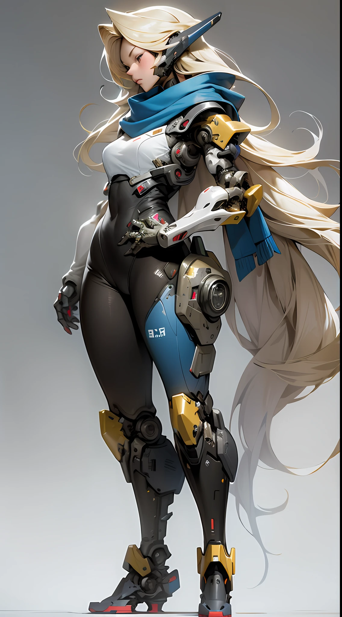 Masterpiece, Awesome, 1girl, tights, full body, long hair, blonde hair, robotic arms, mid-chest, blue scarf, sci-fi, solo, standing, simple background