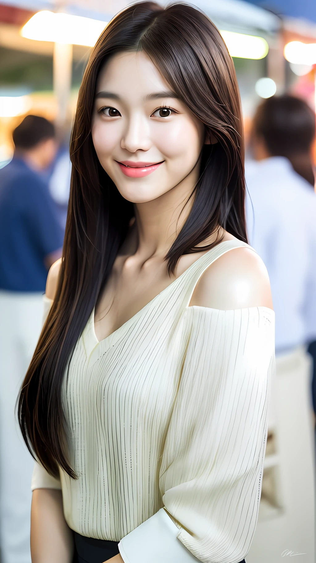 realistic photos of (1 cute Korean star) Shoulder-length hair, thin makeup, medium breasts size, slightly smile, v-neck top, at the night market, clear facial features of Canon EOS, 8K high resolution, sharp and realistic details.