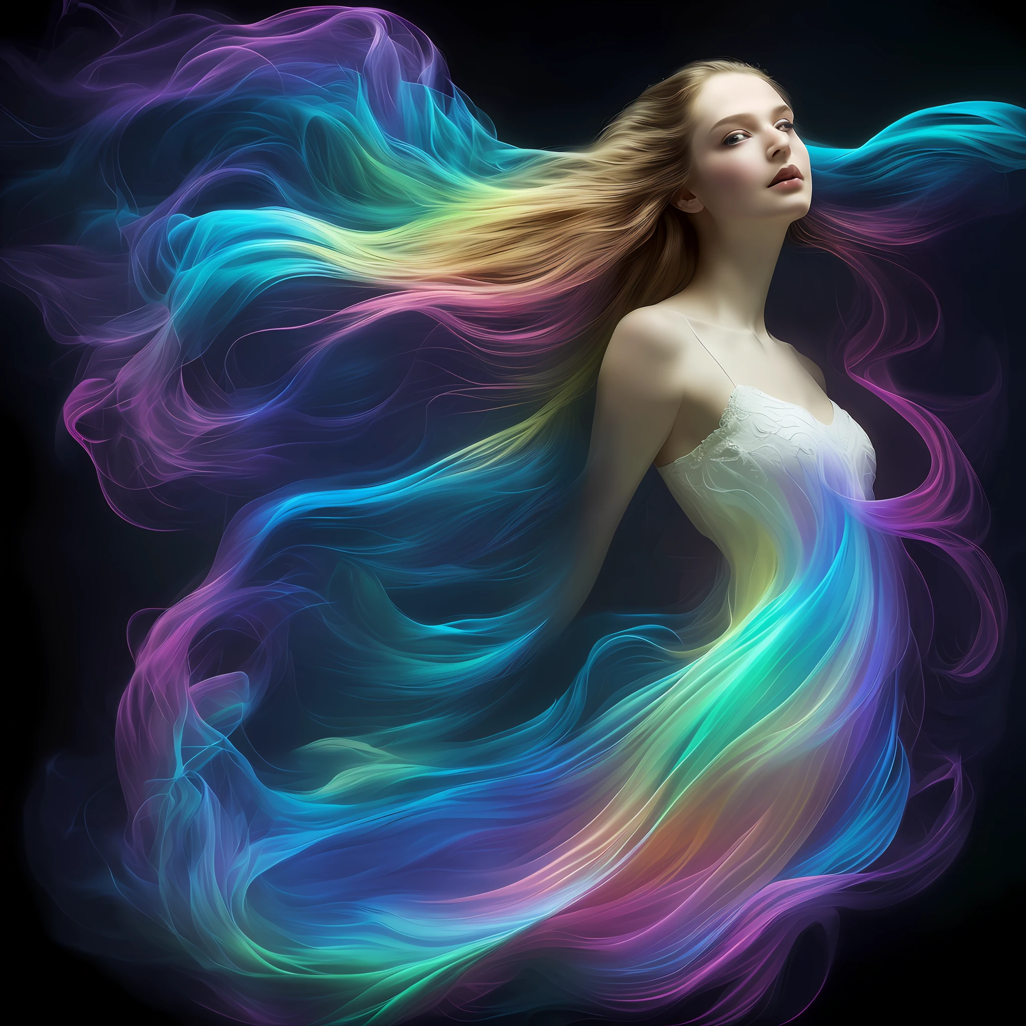 .Romanticism, UHD, attractive, ethereal, elegant, girl, teenager, beautiful, flawless, angelic, soft liquid rainbow smoke background, wind, fractal neon antimatter finish, highly detailed, trending on artstation, sharp focus, studio photo, intricate details, highly detailed, by Artgerm, Thomas Kinkade, Anna Dittmann, Gerhard Richter