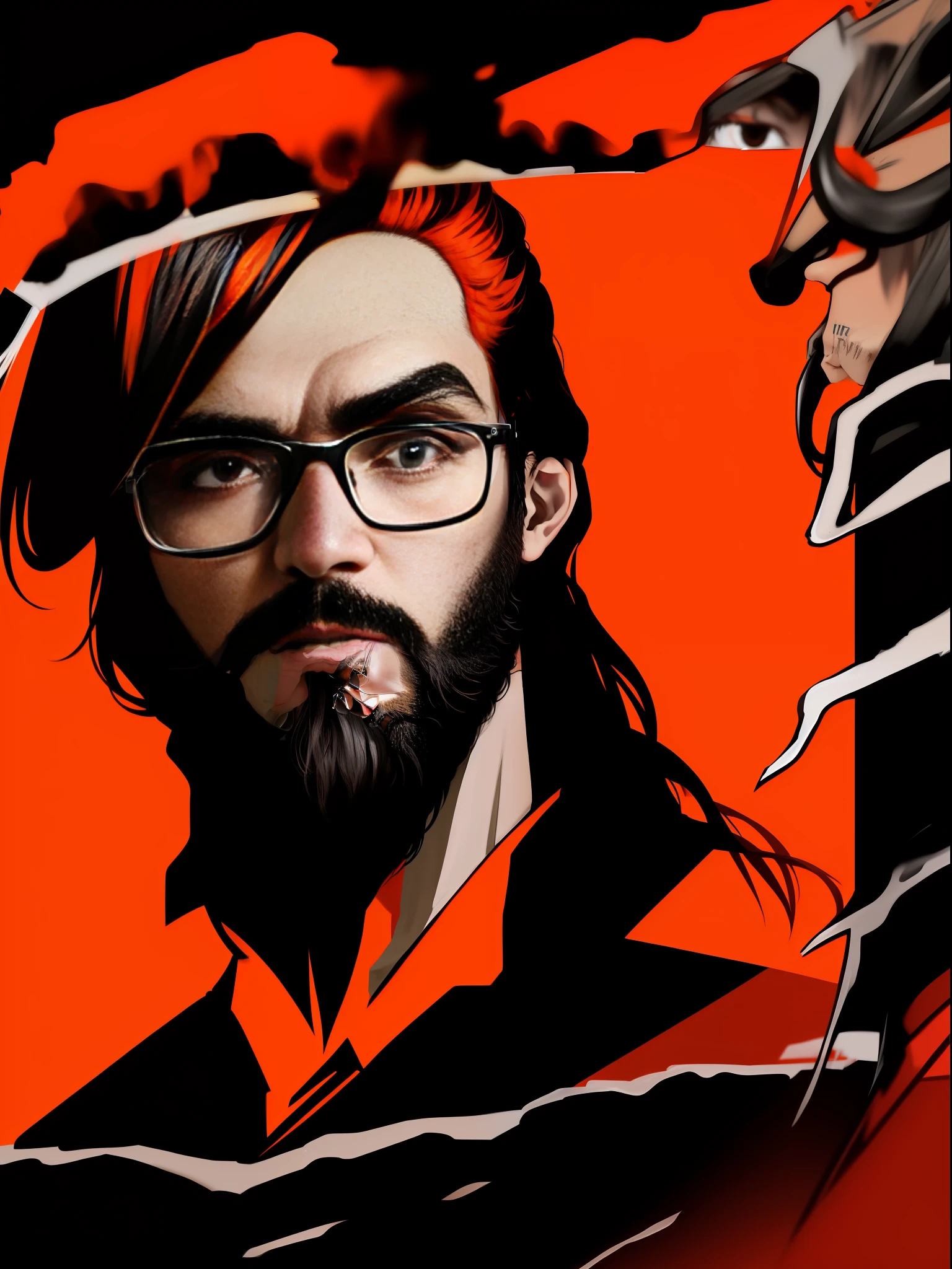 1man, beard, glasses, black coat, orange shirt, posing, sitting, intense stare, highquality, burst of colours, Persona Cut In, long hair, gray stands of hair