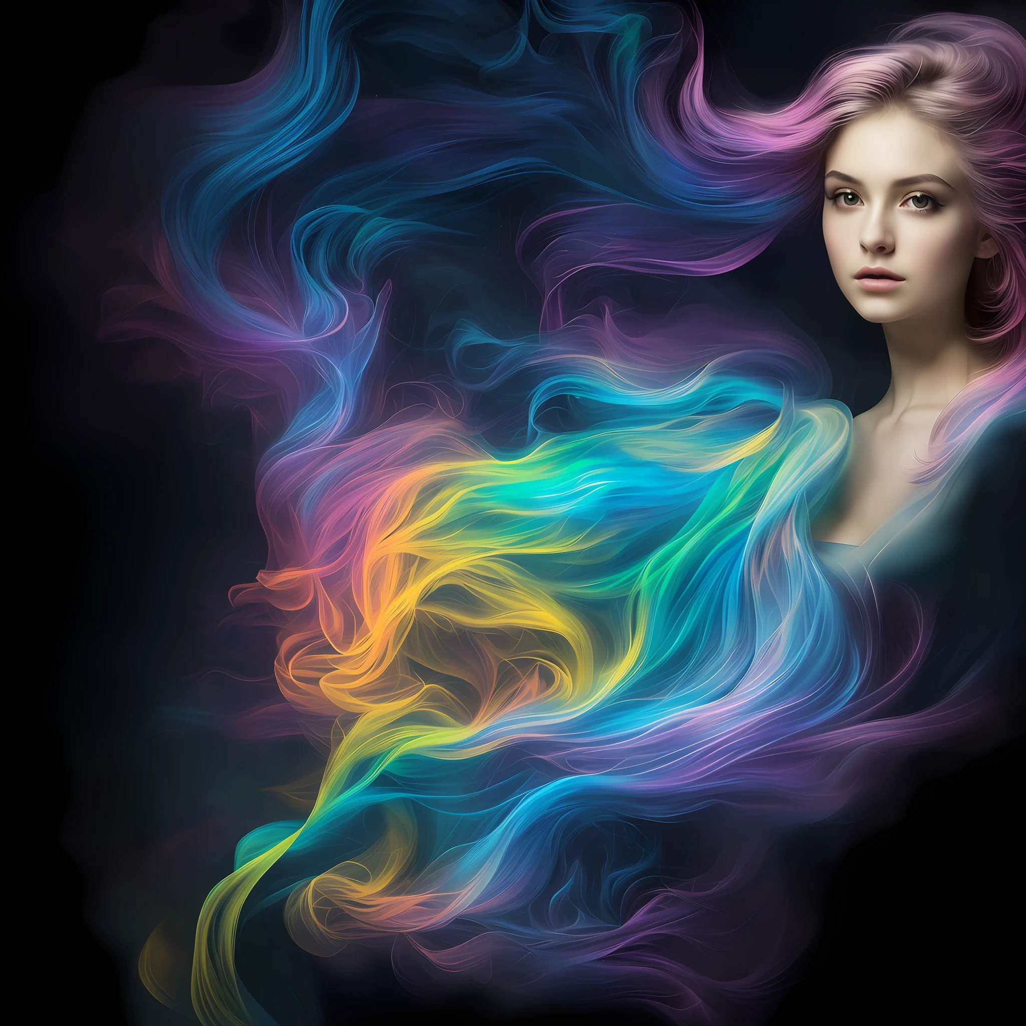 .Romanticism, UHD, attractive, ethereal, elegant, girl, ager, beautiful, flawless, angelic, soft liquid rainbow smoke background, wind, fractal neon antimatter finish, highly detailed, trending on artstation, sharp focus, studio photo, intricate details, highly detailed, by Artgerm, Thomas Kinkade, Anna Dittmann, Gerhard Richter