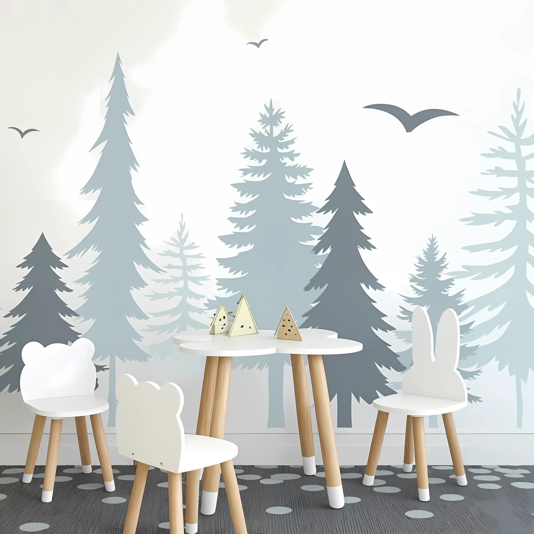 Kindergarten room, lovely decoration, room with two chairs and a table, fresco, forest theme, forest theme, forest background, fir forest, gray forest in background, spruce trees on sides, whimsical forest, bright nordic forest, background wall