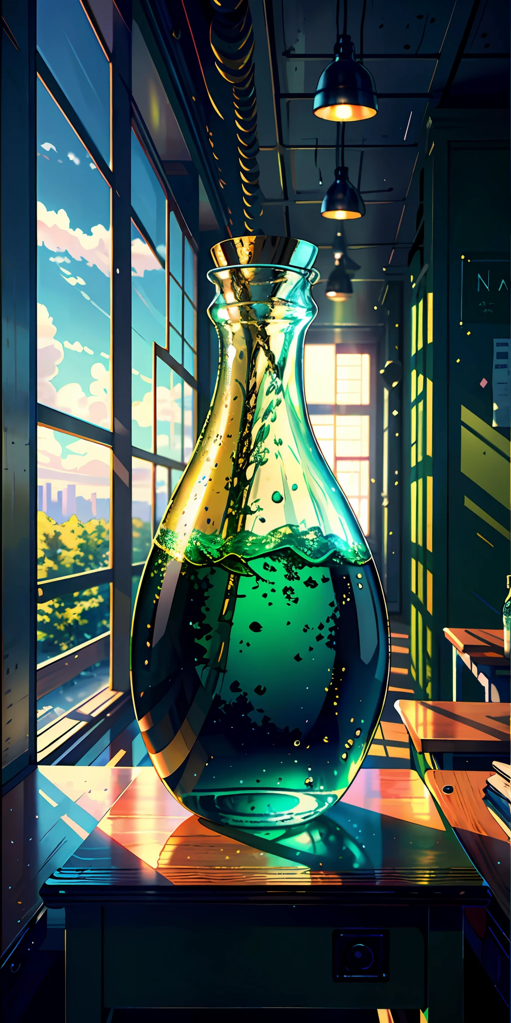Highest quality, masterpiece, beautiful CG, highlights, natural light, hyper-realism, cinematic light texture, a glass bottle on the school desk with dark green liquid in radiance