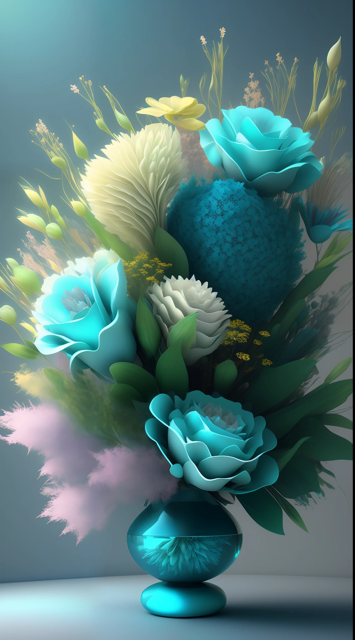 Dopamine, Surreal Airbrush Art, Cyan, CGSociety, Unreal Engine, 16K, Rendering, CGI, Concept Art, Trends on ArtStation, Ddreamlike Style, Floral Arrangement Look