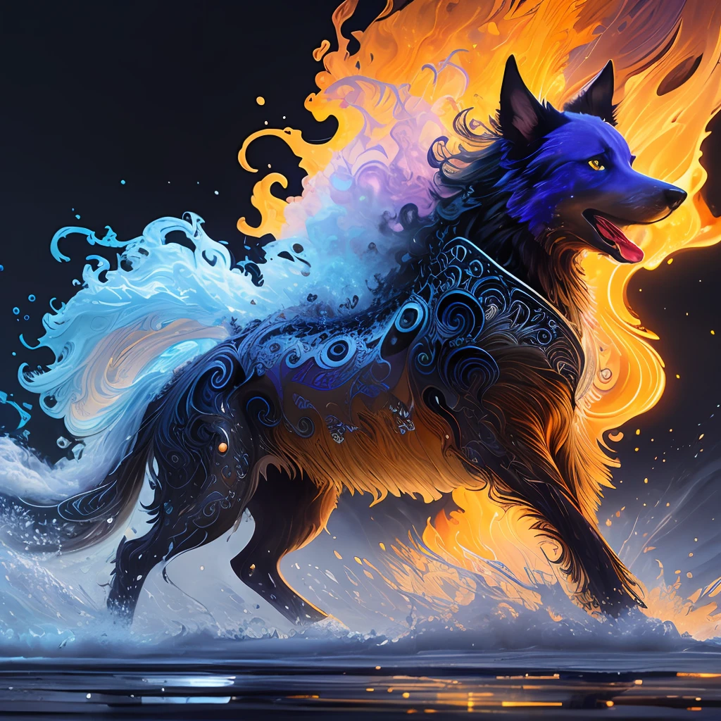 extremely stressed anime dog:human, drinking coffee in a building on fire in the background, masterful playing card border, random Colorful art, oil painting, blue yellow colors, light purple and violet additions, light red additions, intricate detail, splash screen, 8k resolution, masterpiece, artstation digital painting smooth veryBlack ink flow: 8k resolution photorealistic masterpiece: intricately detailed fluid gouache painting: by Jean Baptiste Mongue: calligraphy: acrylic: watercolor art, professional photography, natural lighting, volumetric lighting maximalist photoillustration: by marton bobzert:, complex, elegant, expansive, fantastical, vibrant