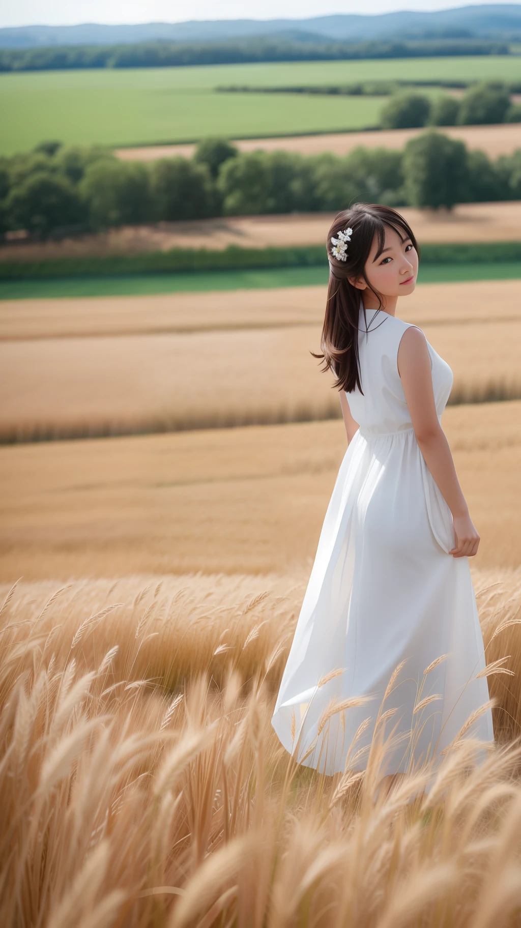 Asian girl, wearing a white dress, standing in a wheat field, looking back at the audience, overlooking the perspective from a low altitude, delicate facial makeup --v6