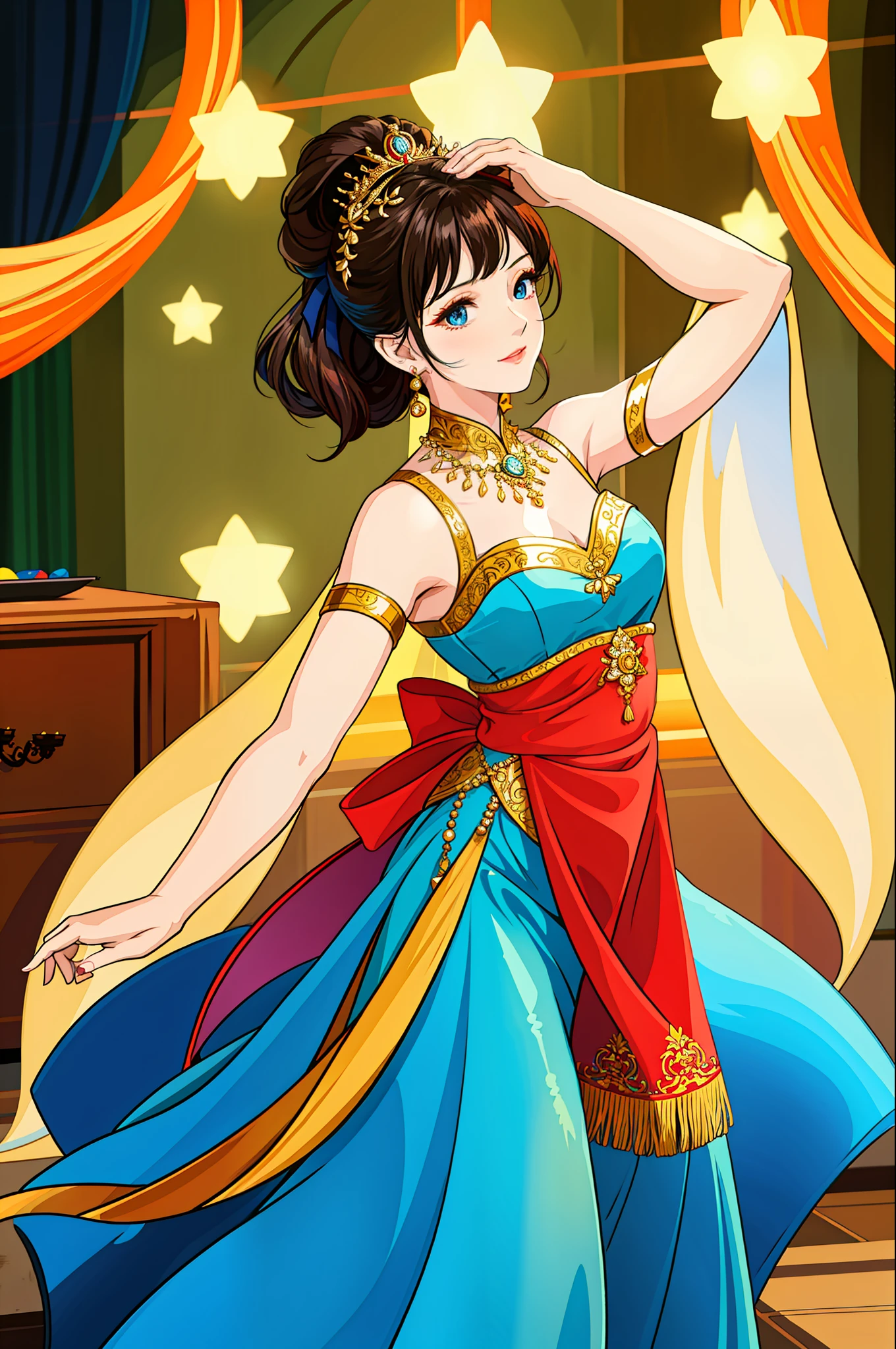 At a grand banquet, everyone's eyes were attracted by a beautiful dancer. Her eyes were like bright stars, shining dazzlingly. She wore a gorgeous dress and danced the light skirt, like a fairy. Her dancing style was elegant and charming, which captivated everyone present.