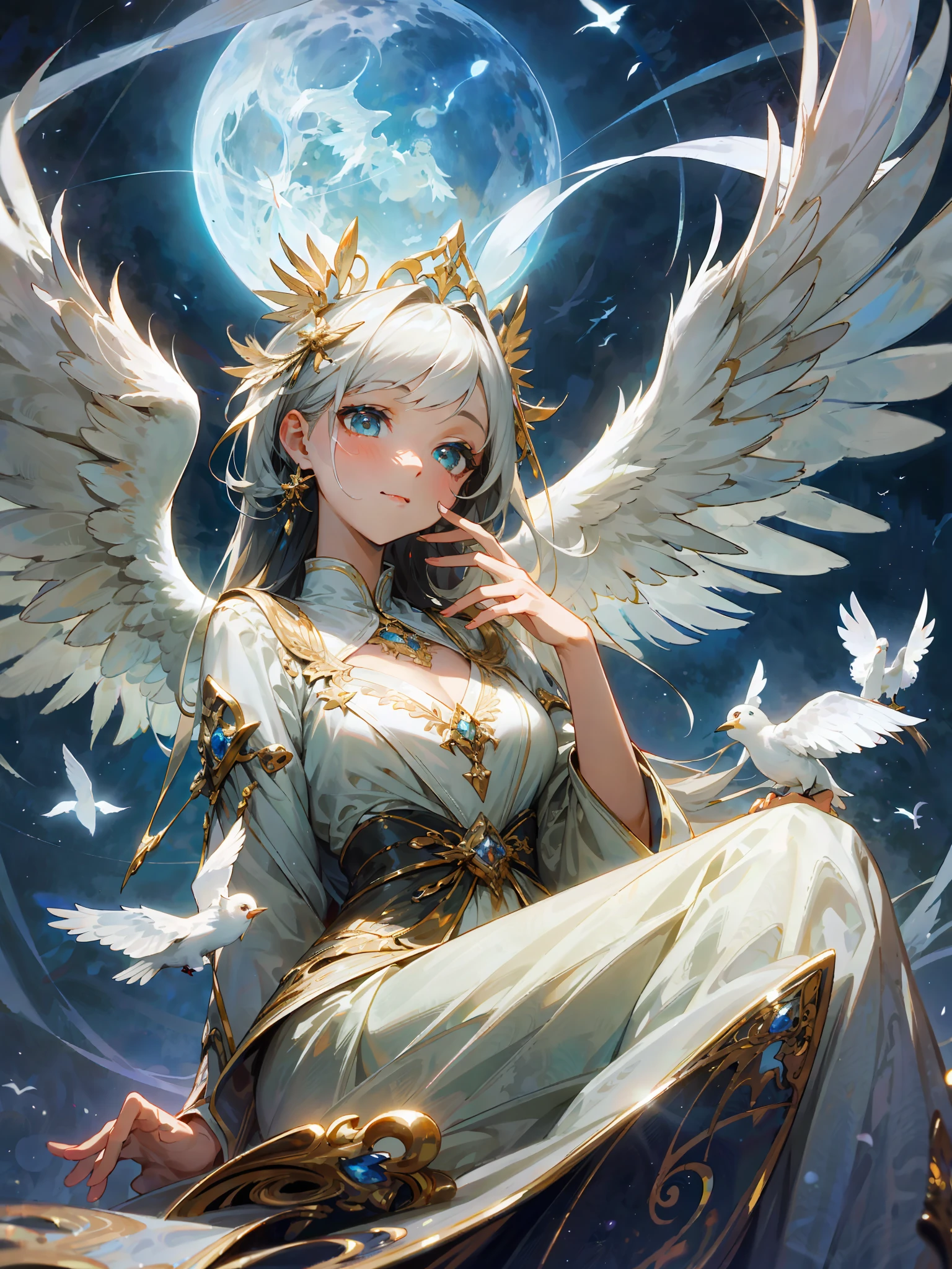 Lovely angel with feathered wings looking up to the night sky, ((gorgeous face)), sitting on a marble gazebo outside the night garden, surrounded by white birds flying around her, all illuminated by the moon Bright, intricate details, professional lighting, hd, 8k, studio lights