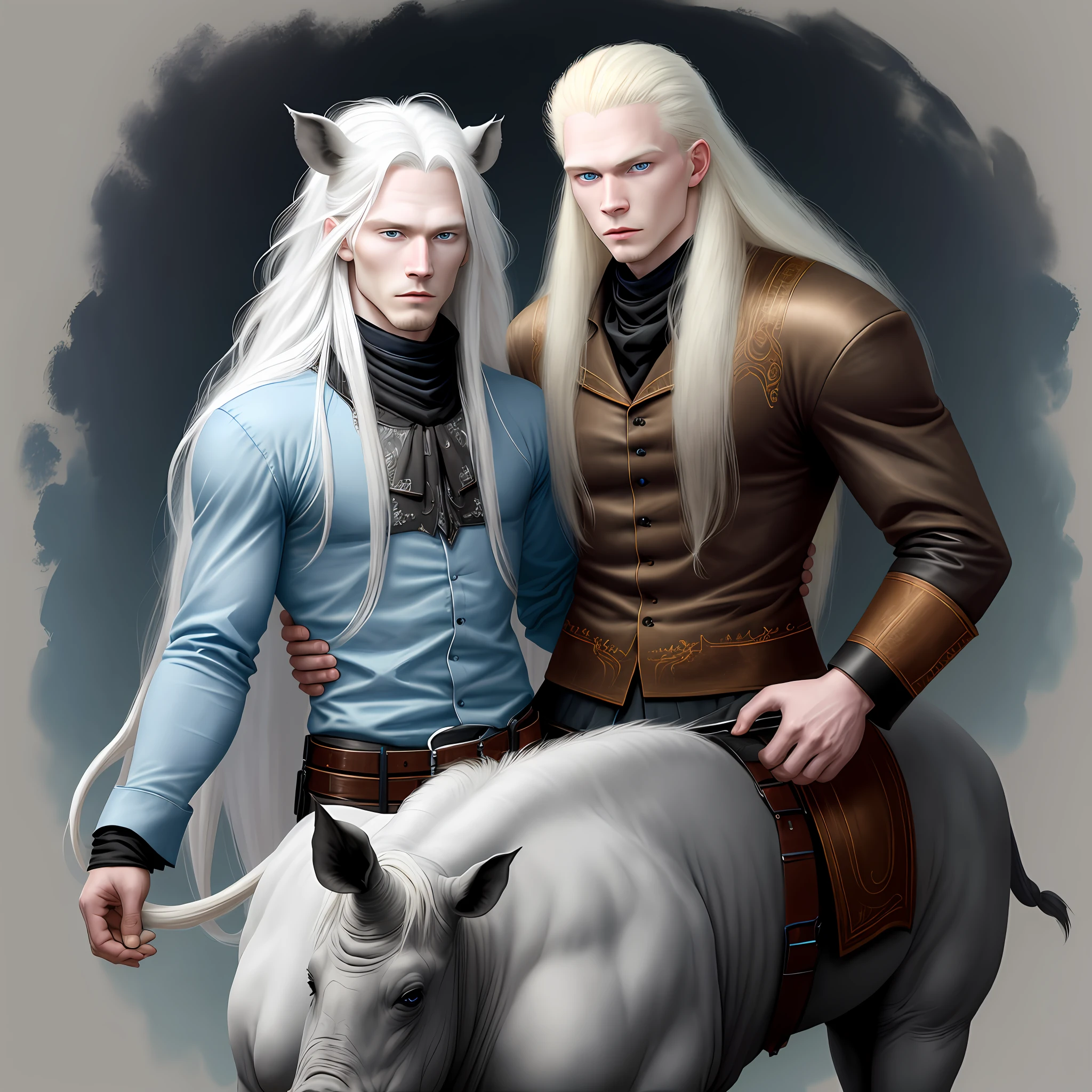 Albino man long hair, tall, blue eyes, slender, muscular, cowboy clothes riding a black rhinoceros, no beard