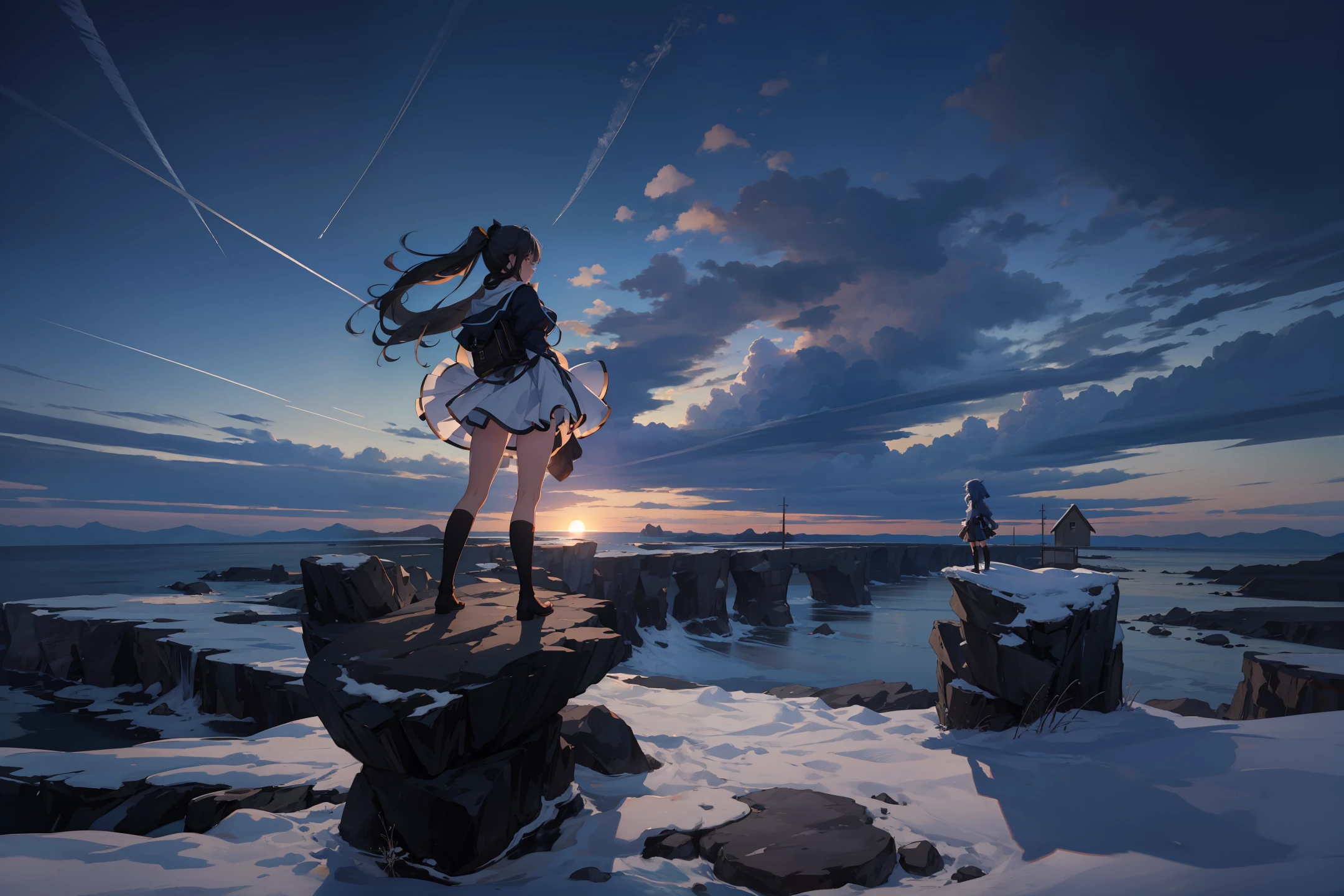 anime girl standing on a rock, looking at the horizon, moonlight, masterpiece, best quality, high detailed landscape, gleam