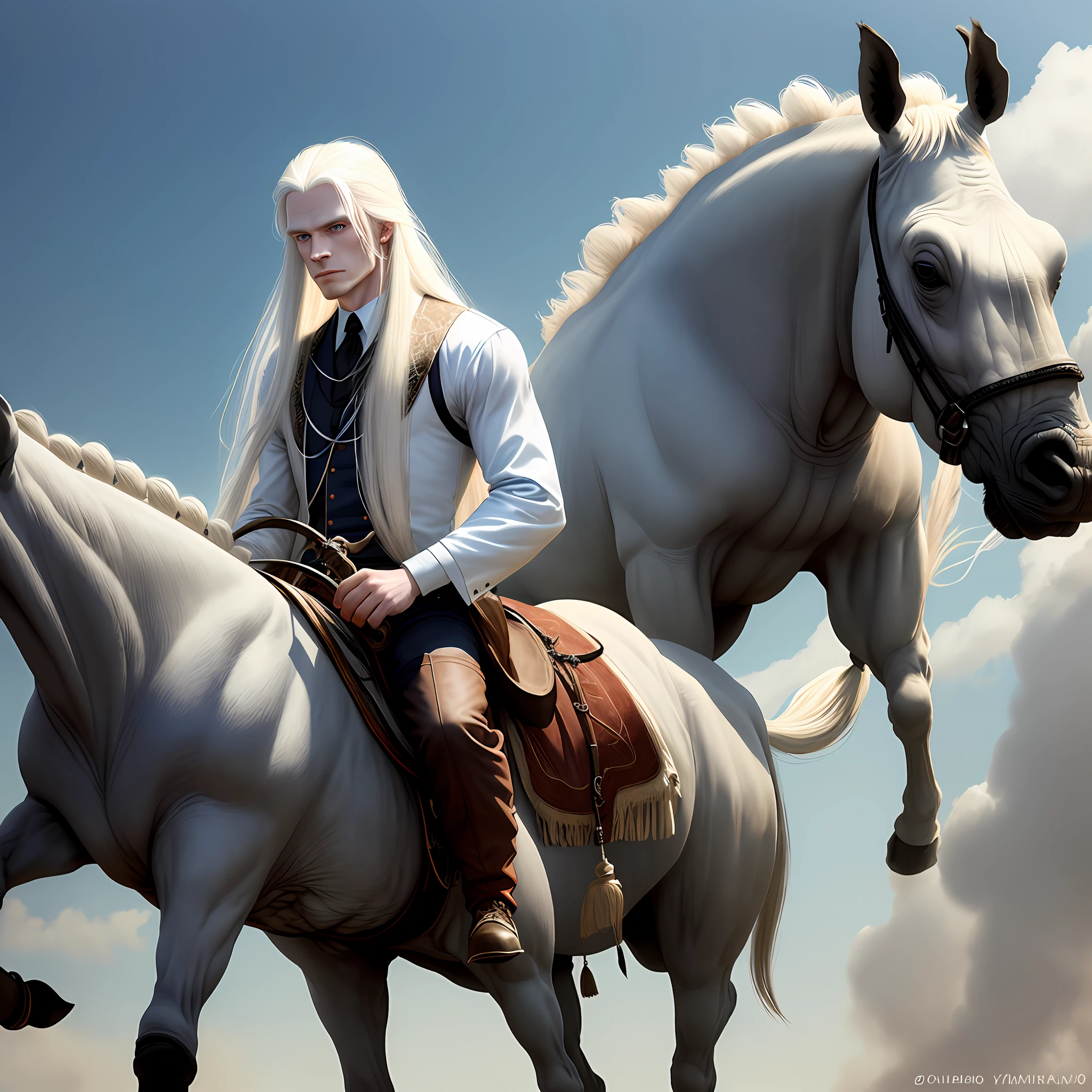 Albino man long hair, tall, blue eyes, slender, muscular, cowboy clothes riding a black rhinoceros, no beard