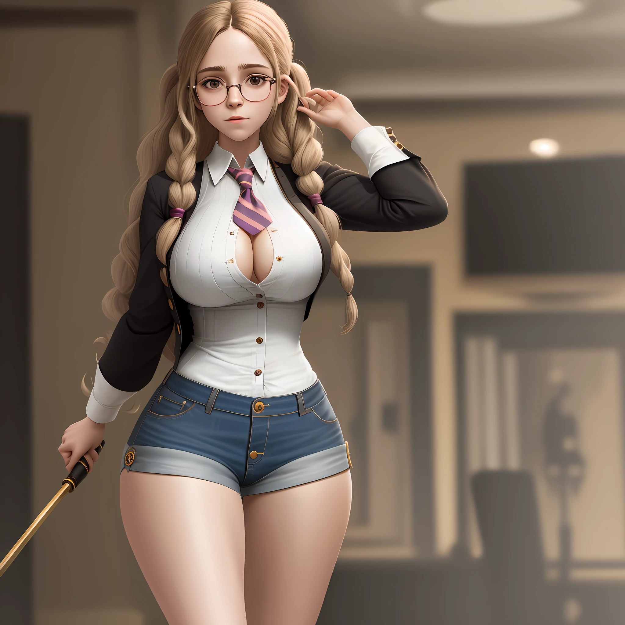 Hermione granger, european, long hair,pigtails, glasses, (huge boobs)+++, (very tight)++ (buttoned-up shirt)++, neck tie, ((button gap))+++, tight hotpants, highheels, 8k, detailed