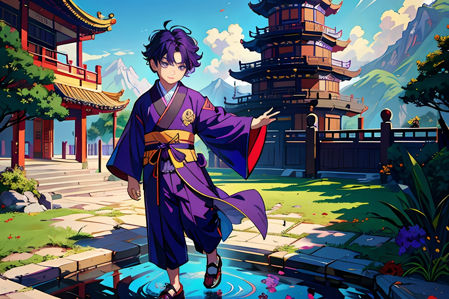 1 little boy, big eyes, solo, full body, male focus, detail face, purple clothes, Chinese clothing, purple Daoist robe, Taoist temple architecture, landscape, sky, outdoors, (masterpiece, top quality, best quality, official art, beauty and aesthetics, animation, version,)