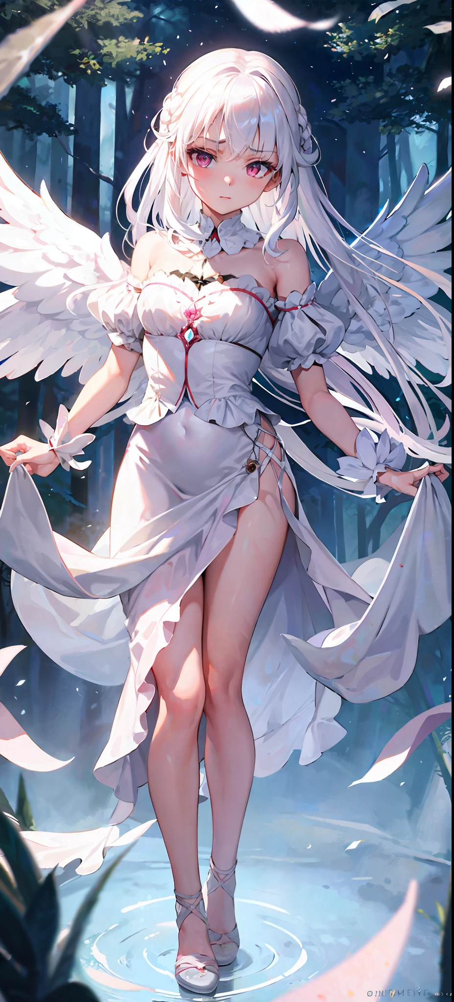 Masterpiece, best quality, 1girl, white hair, angel, innocent, pink eyes, angel wings, full body, behind arms, sky, aura, forest, serious look