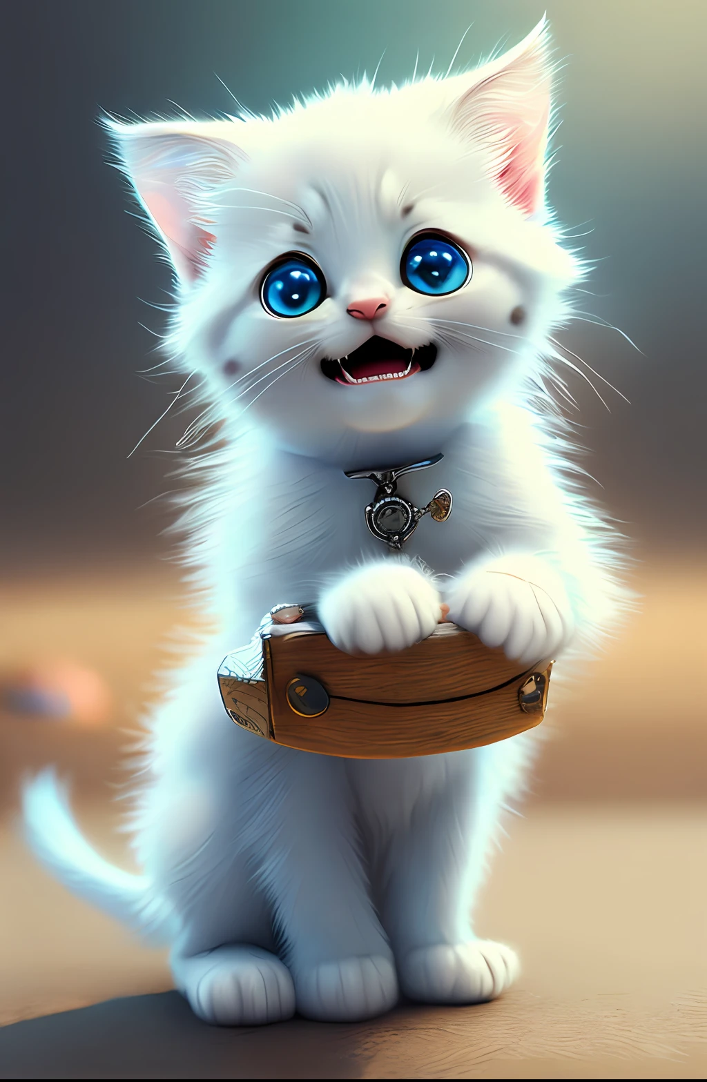 Pixar style, 3D, cute and cute white-haired kitten Superman, big eyes, laughter, excitement, floating in space, Jean-Baptiste Monge, anthropomorphic, dramatic lighting