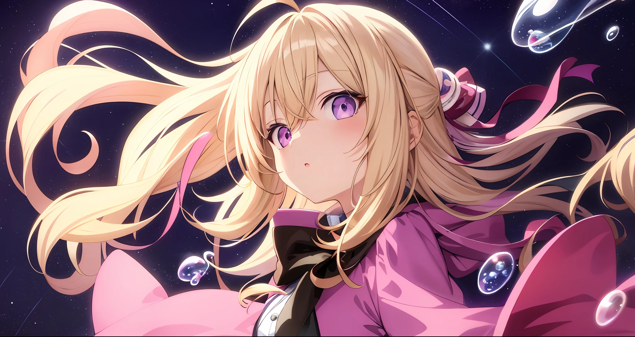 Anime style light blonde hair girl with violet color eyes blowing bubbles under the starry sky