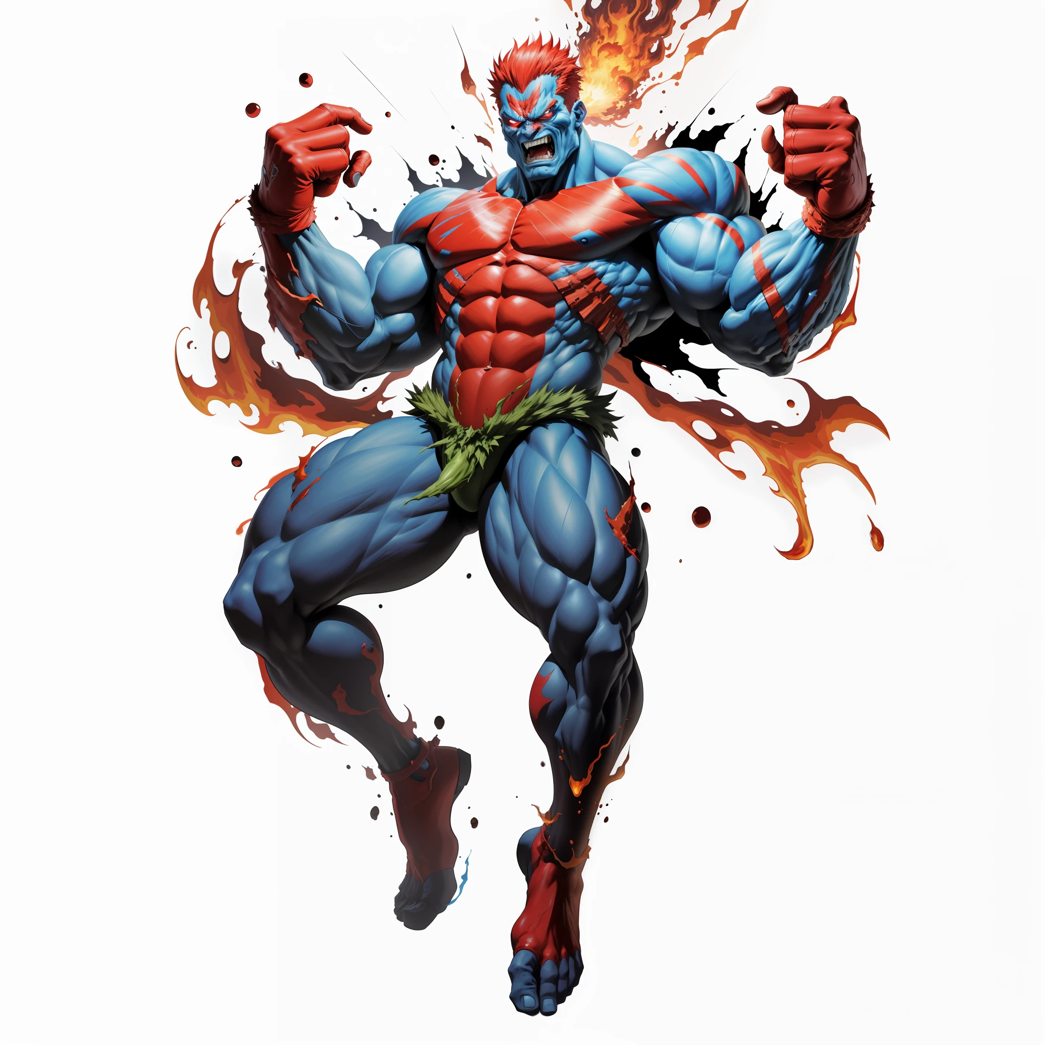 Close-up of the man erupting with flames on his head, fighting game character, Samius-like doomsday guy, Guren Lagan, comic book character design, this character has Frozen Movement, character art Contra, Ross La cartoon full of energy, Balrog, funny character design, muscular humanoid Balrog demon, 8k, realistic
