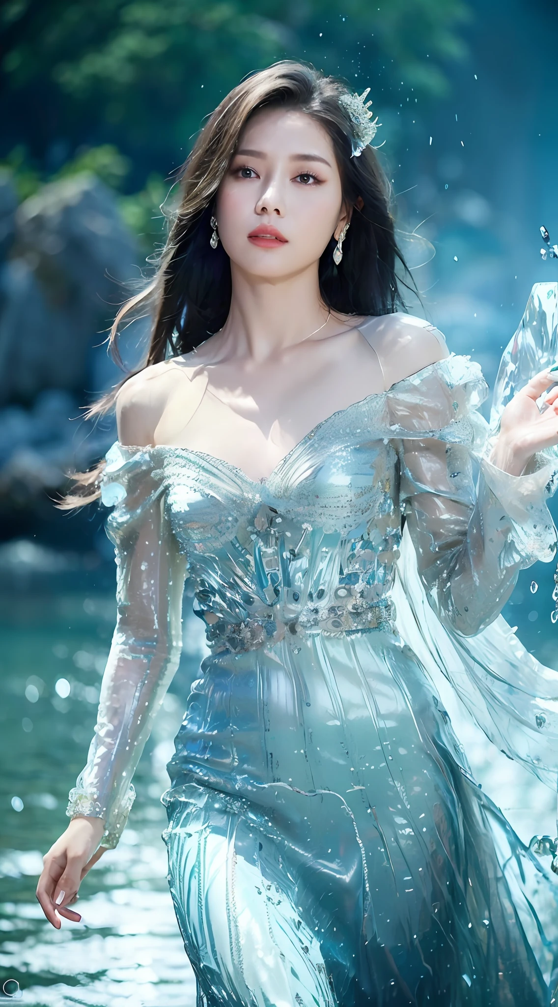 (Masterpiece, Top Quality, Best, Official Art, Beautiful and Aesthetic, Long Exposure: 1.2), Smooth Movement, Charming Patterns, 1 Girl, (No Cleavage: 1.4), (Long Dress with Sleeves: 1.3) , long blue dress, (small breasts: 1.2), bare shoulders, adult Russian woman, freckles, black lob hair, portrait, solo, upper body, looking at the observer, detailed background, detailed face, (crystallineAI, crystalline theme: 1.1 ), elemental water sprite, spinning water, controlling water, diamond clothes, dynamic pose, floating particles, ethereal dynamics, water, vapor, ocean in background, blue tint, coast, ethereal atmosphere,