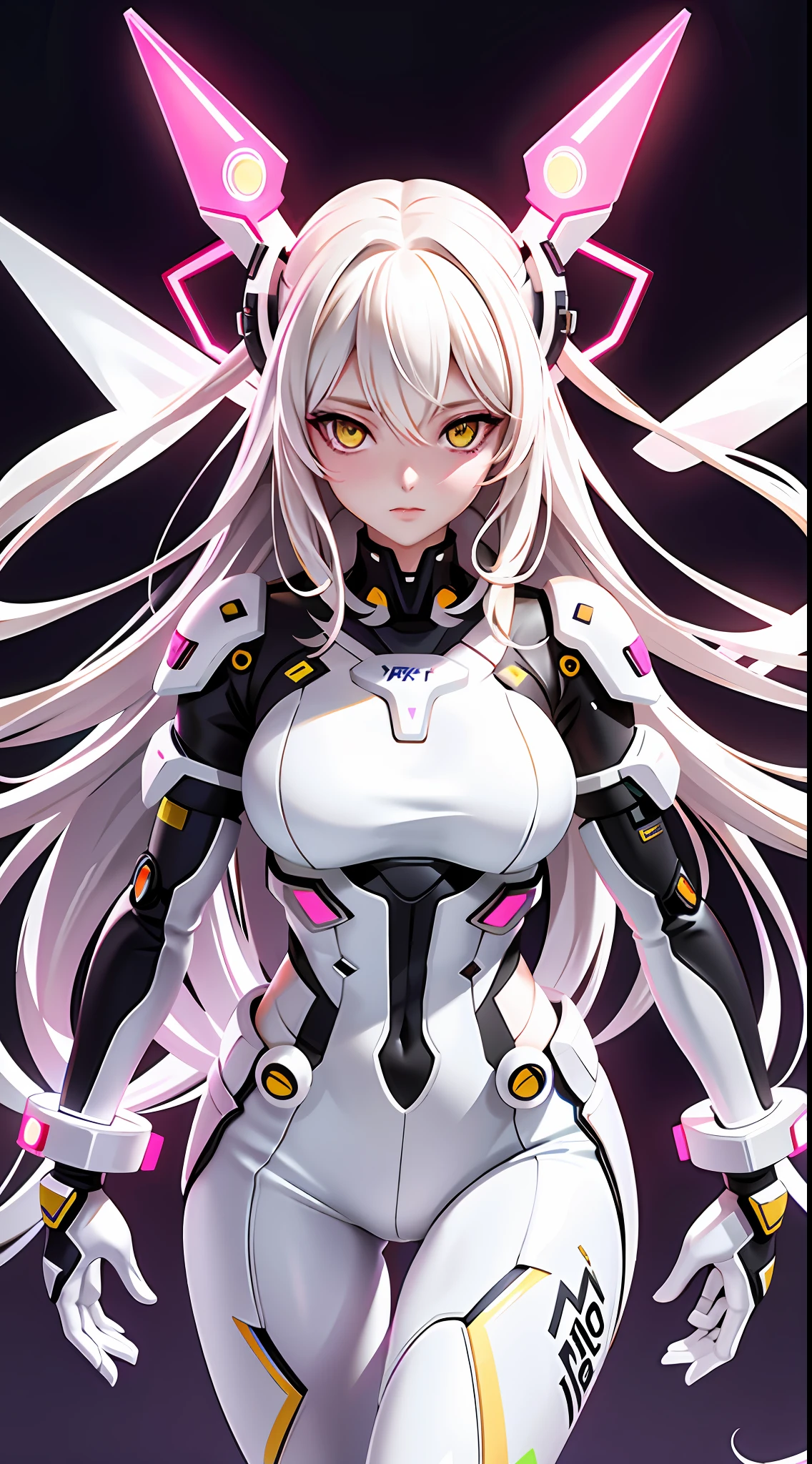 pretty, woman, sexy face, yellow eyes, white hair, slim body, sexy pose, pink tights, mecha, neon sign, led night city, seen from above, high quality, realistic, beautiful light, complete detail, black background