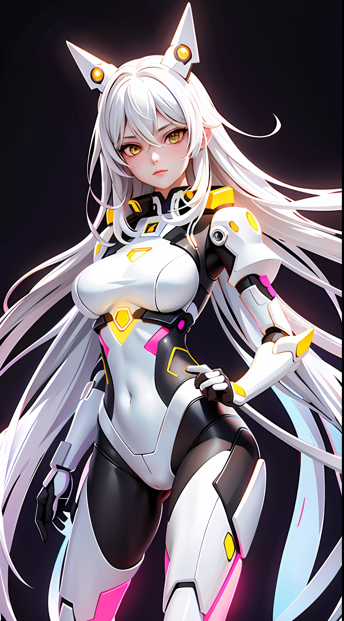 pretty, woman, sexy face, yellow eyes, white hair, slim body, sexy pose, pink tights, mecha, neon sign, led night city, seen from above, high quality, realistic, beautiful light, complete detail, black background