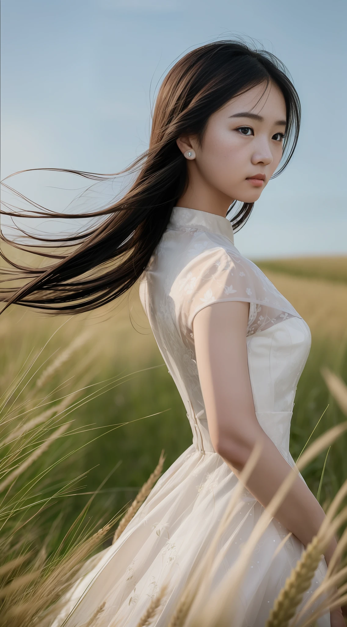 Asian woman in white dress standing in wheat field, (low height overlook: 1.3), delicate face, long eyelashes, 8k, highest quality --v6