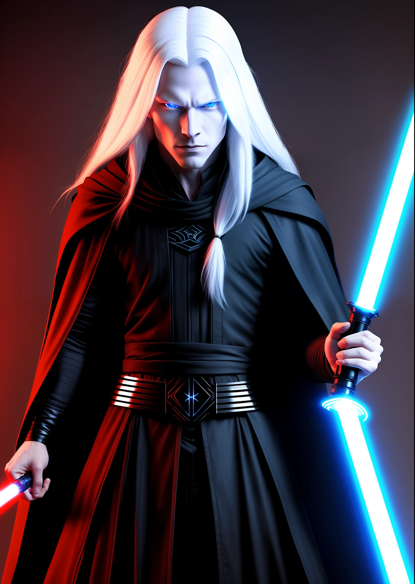 Albino man tall slender muscular long hair, blue eyes and no beard. Hard look. With black Sith clothes, long cloak, black lightsaber with red light.