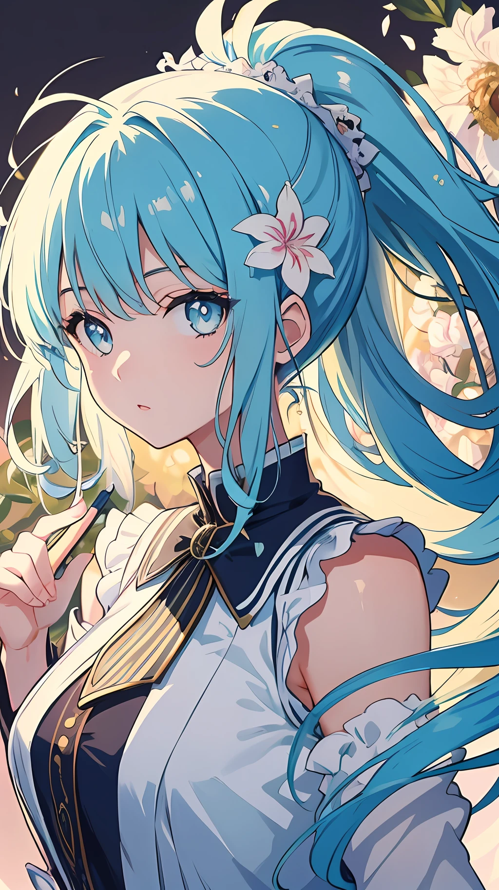 (masterpiece), (best quality), (ultra detailed),(disheveled hair),(illustration), (1girl), (Fashionable clothing), standing, Fashion model, looking at viewer, (interview), (simple background),beautiful detailed eyes, delicate beautiful face, Floating,(high saturation),(colorful splashes),colorful bubble,(shining), focus on face, ponytail, kamisato ayaka, light blue hair, bangs, hair ring, floating flowers, floating hairs, (shining), best lighting, best shadow,