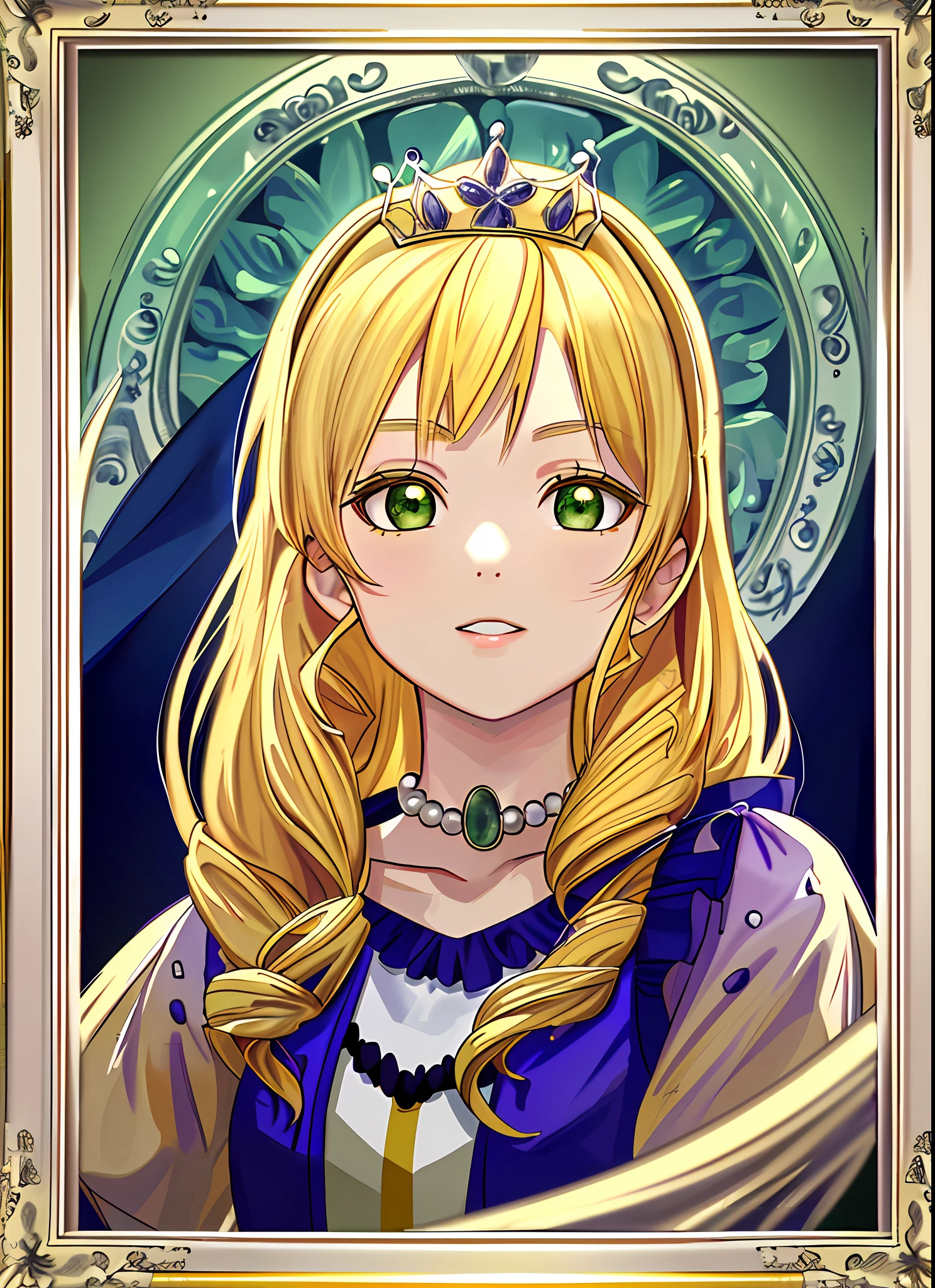 masterpiece, (best quality:1.4), detailed, sumire1, (solo), HD, (yellow hair:1.1), (long hair:1.1), (green eyes:1.2), (teeth:1.2), tiara, (face portrait:1.2), (upper body:1.2), (dress:1.0), (long sleeve dress:1.2), (necklace:1.1), (jewelry:1.1), (looking at viewer:1.2), detailed eyes, detailed hair, highres, (simple background:1.3), (lighting:1.2), high details, (framed:1.3)