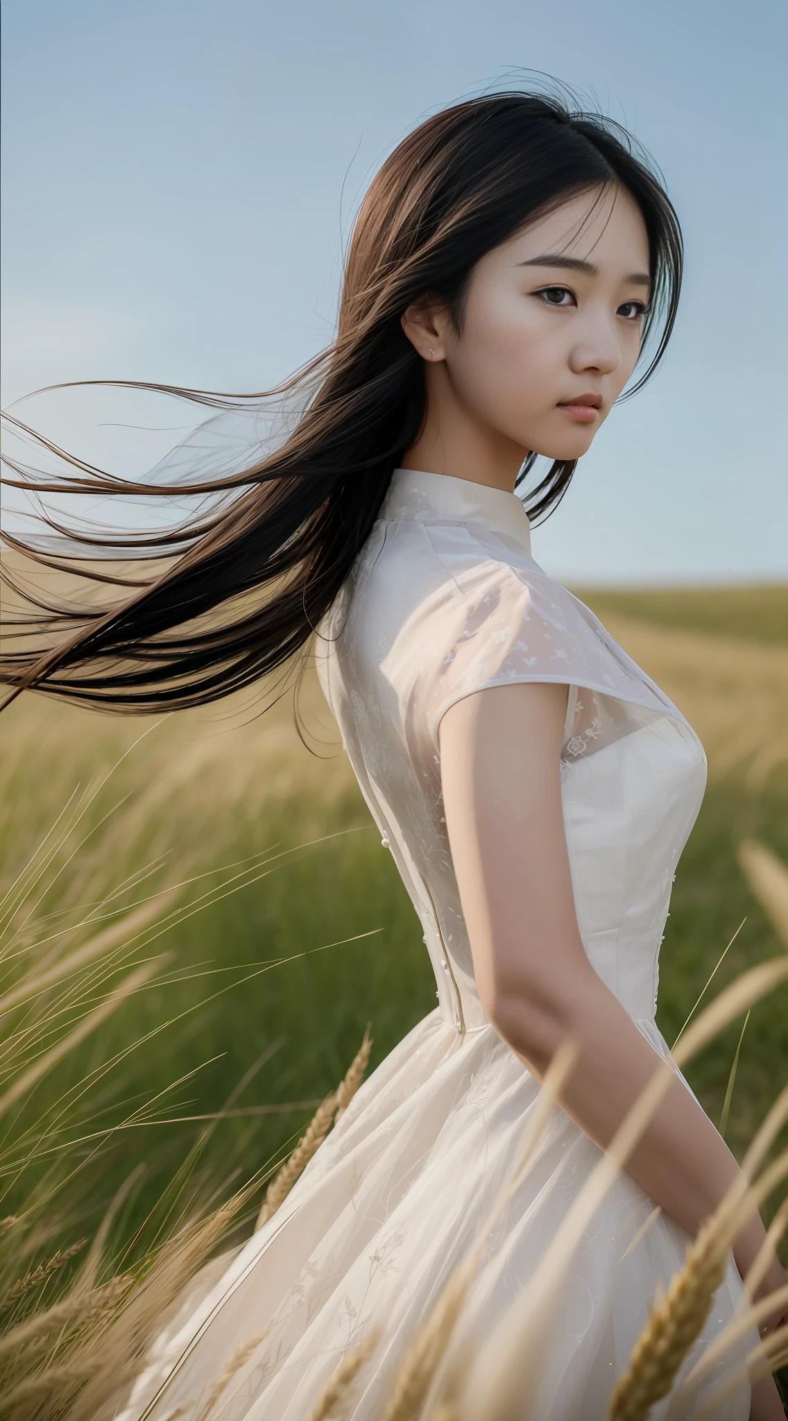 Asian woman in white dress standing in wheat field, (low height overlook: 1.3), delicate face, long eyelashes, 8k, highest quality --v6