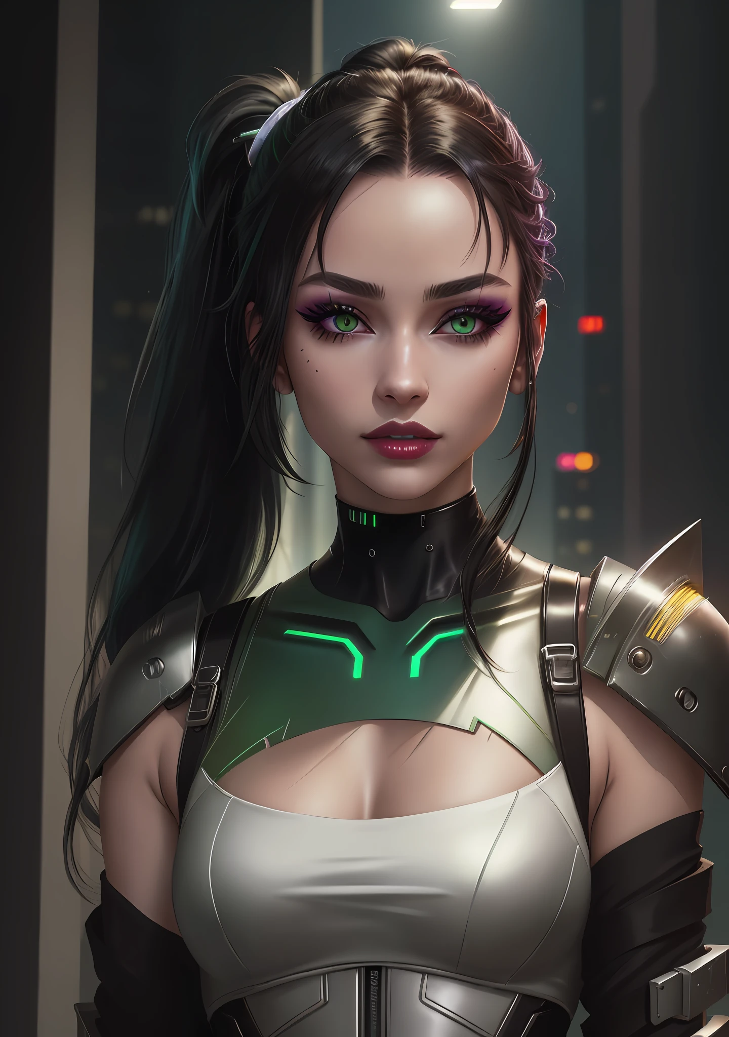 (cyberpunk theme), 1 woman jumping from a skyscraper (green eyes, white skin, long black hair, ponytail, choker, small breasts, lipstick, makeup, eyeliner), wearing a neon metalic armor integrated in her skin, metalic cyber-wings symetrical, off shoulders, cyberpunk, (masterpiece, best quality, 8k, sharp focus, depth of field, best shadows, perfect lights, HDR, realistic skin texture, ultra-detailed and detailed background),