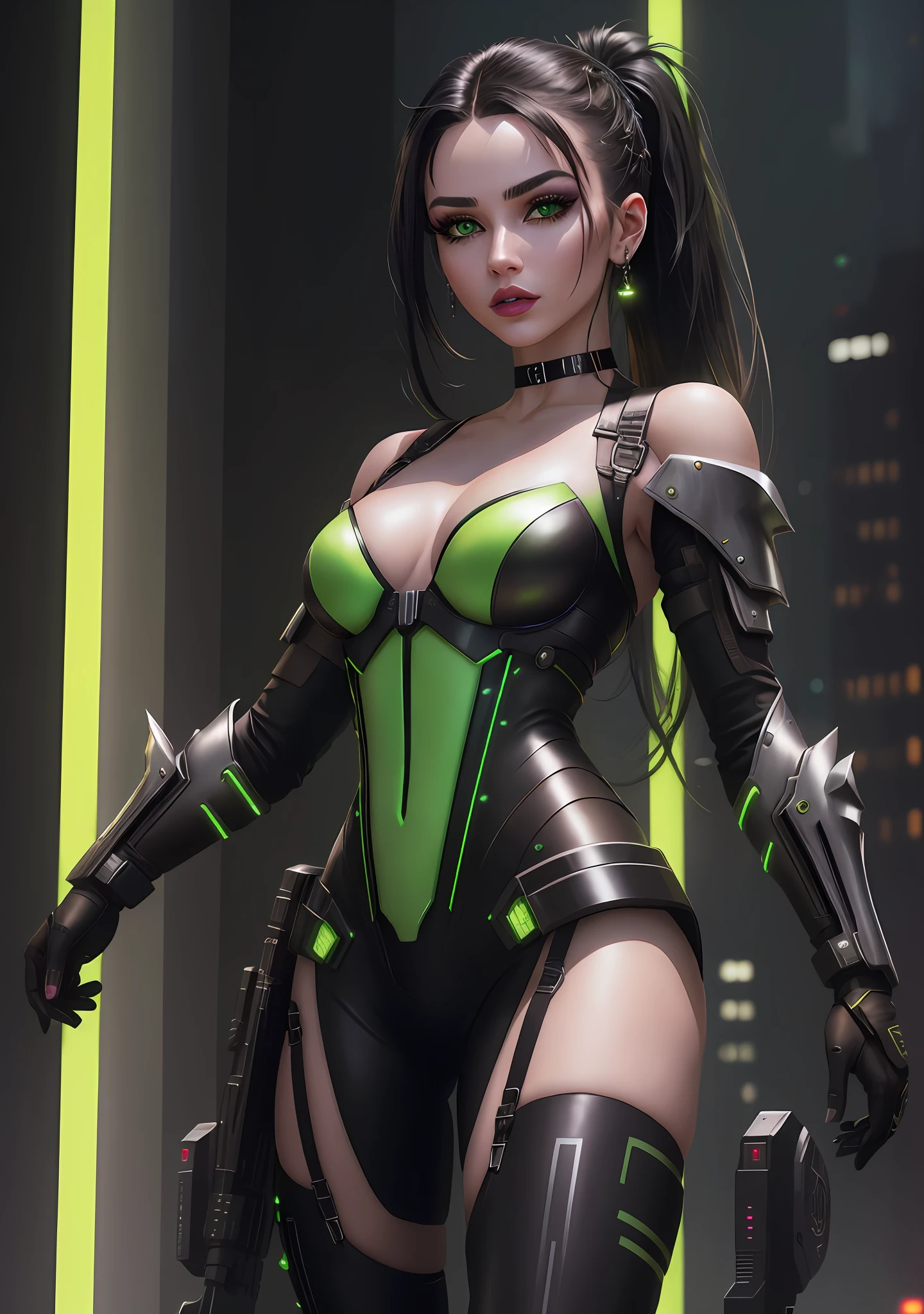 (cyberpunk theme), 1 woman jumping from a skyscraper (green eyes, white skin, long black hair, ponytail, choker, small breasts, lipstick, makeup, eyeliner), wearing a neon metalic armor integrated in her skin, metalic cyber-wings symetrical, off shoulders, cyberpunk, (masterpiece, best quality, 8k, sharp focus, depth of field, best shadows, perfect lights, HDR, realistic skin texture, ultra-detailed and detailed background),