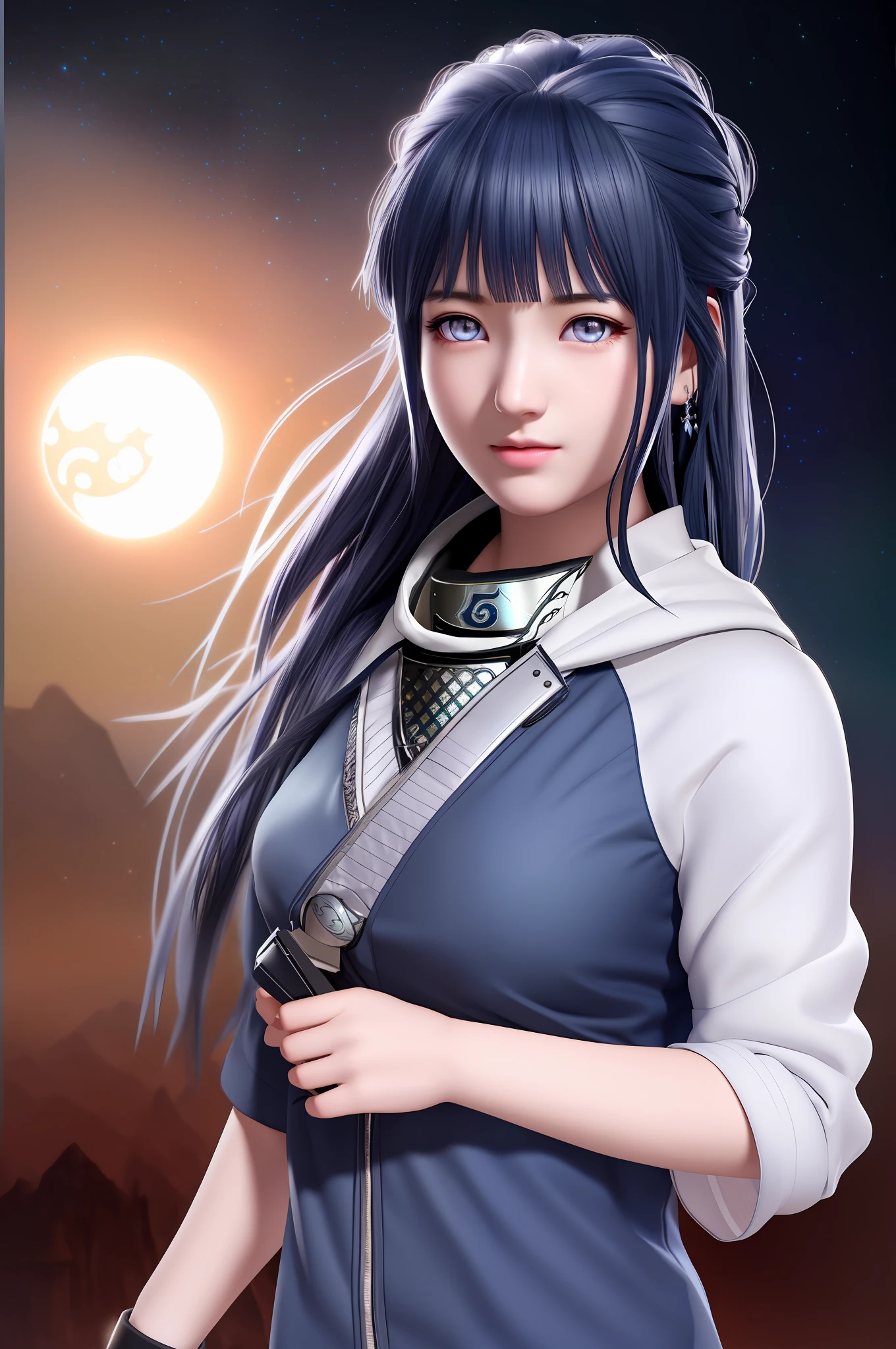 (extremely detailed CG unity 8k wallpaper), the most beautiful artwork in the world, 1girl, upper body, (((white eyes))),(((dark blue hair))),(((Konoha Ninja))), (((Bagan Background)))