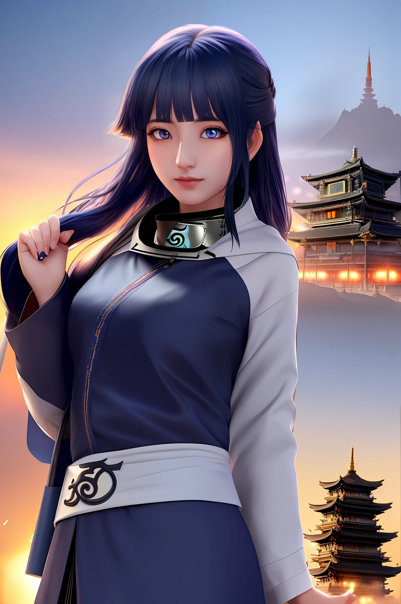 (extremely detailed CG unity 8k wallpaper), the most beautiful artwork in the world, 1girl, upper body, (((white eyes))),(((dark blue hair))),(((Konoha Ninja))), (((Bagan Pagoda's Background)))