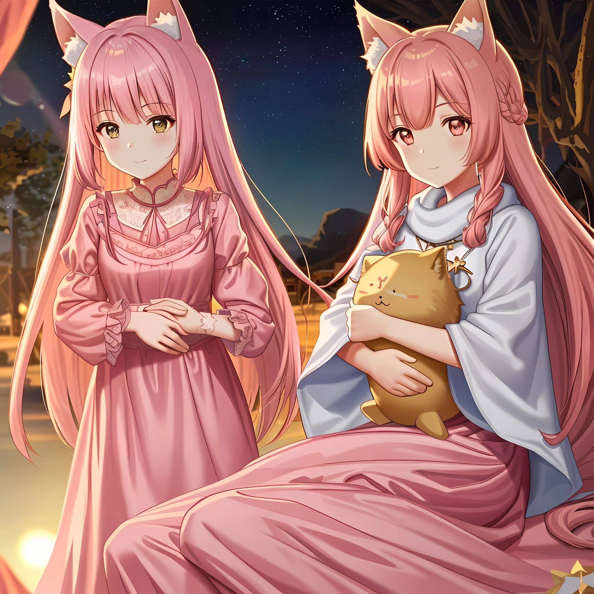 2girls, pink hair, lace dress, lotus tassel, hugging star pillow, golden hour, alluring face, fox ears, cute, fluffy, daylight, perfect hands