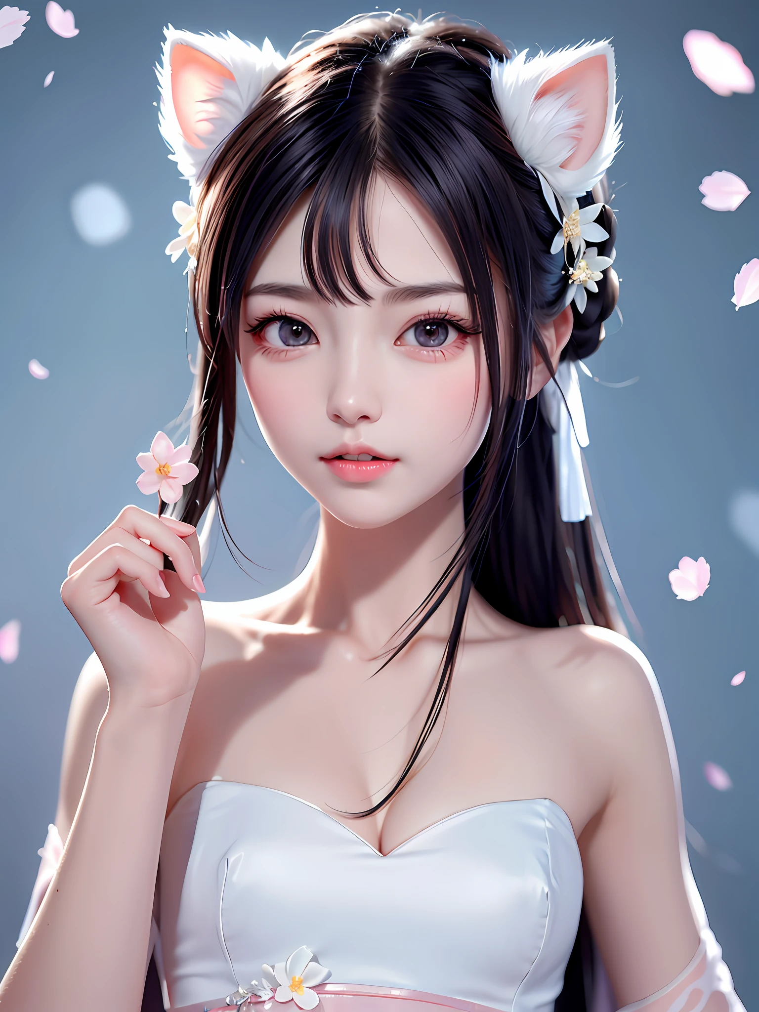 A gentle and lovely Chinese beautiful woman, delicate and sexy collarbone, charming goose egg face, double eyelids, smart peach blossom eyes, pink lips, small upturned nose, bare shoulders, focused face, face close-up, ultra HD, super detail, full body photo, ultra-thin translucence, cat ears, snowflakes falling, pure white hair, (high detail fingers: 1.5)