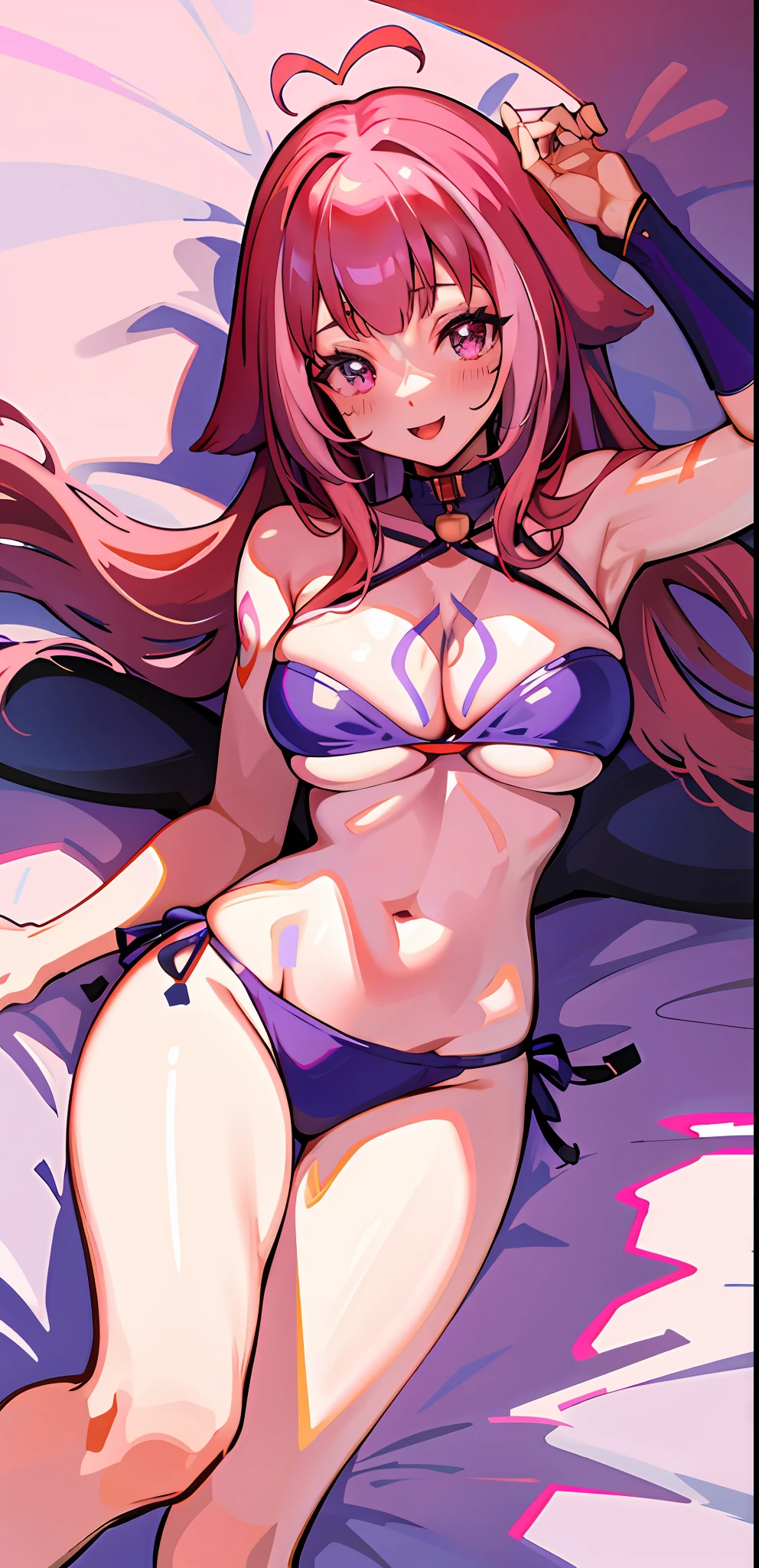 best quality, anime, 1girl, CHAR-F vTuber Shylily by JustNeutral, breasts, large breasts, smooth, 4k, room background , pink hair, pink eyes, pink bikini, bedroom background, laying down