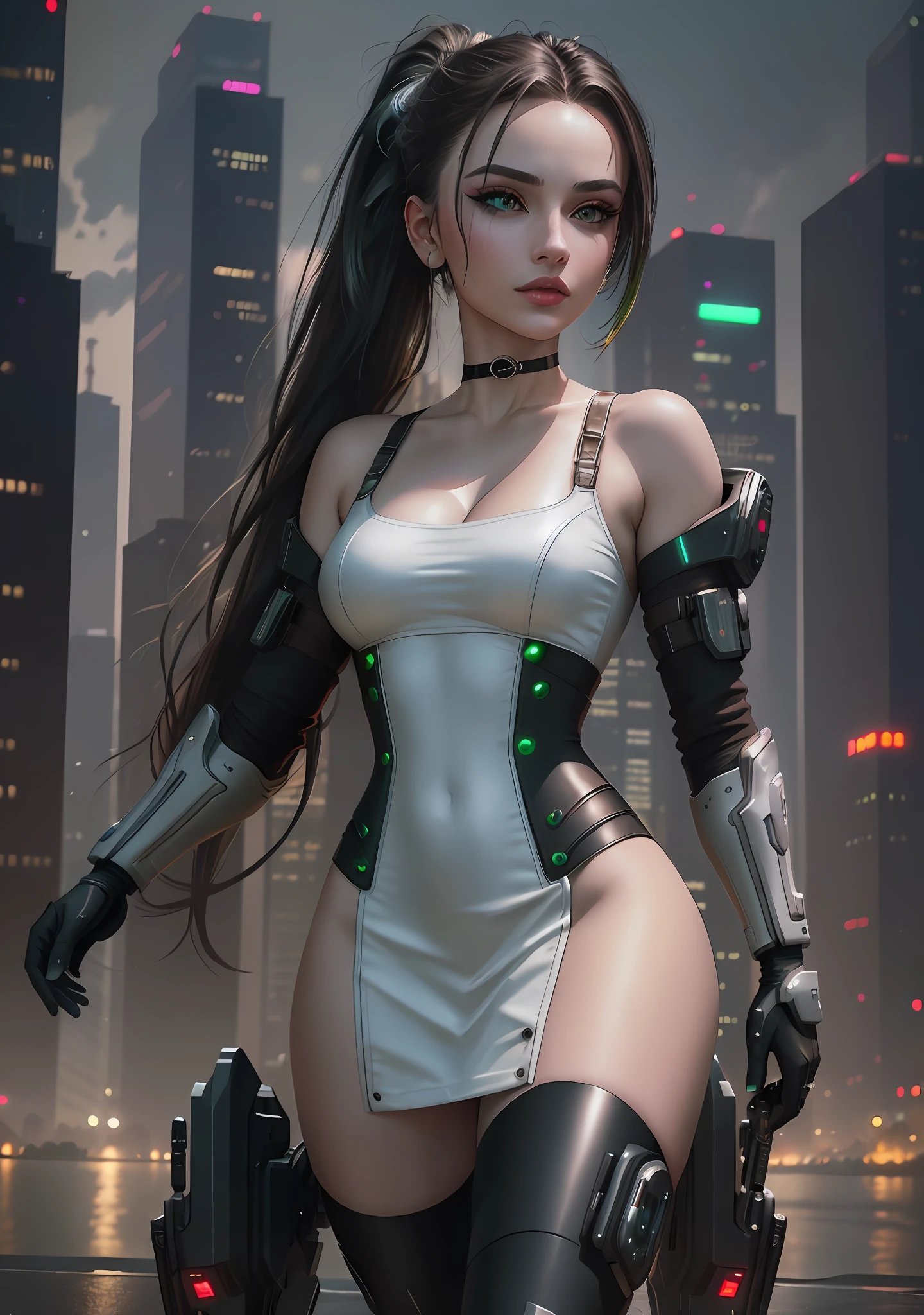 (cyberpunk theme), 1 woman jumping from a helicopter (green eyes, white skin, long dark hair, ponytail, choker, small breasts, lipstick, makeup, eyeliner), wearing a cyber armor integrated in her skin, off shoulders, cyberpunk city landscape beneath (masterpiece, best quality, 8k, sharp focus, depth of field, best shadows, perfect lights, HDR, realistic skin texture, ultra-detailed and detailed background),