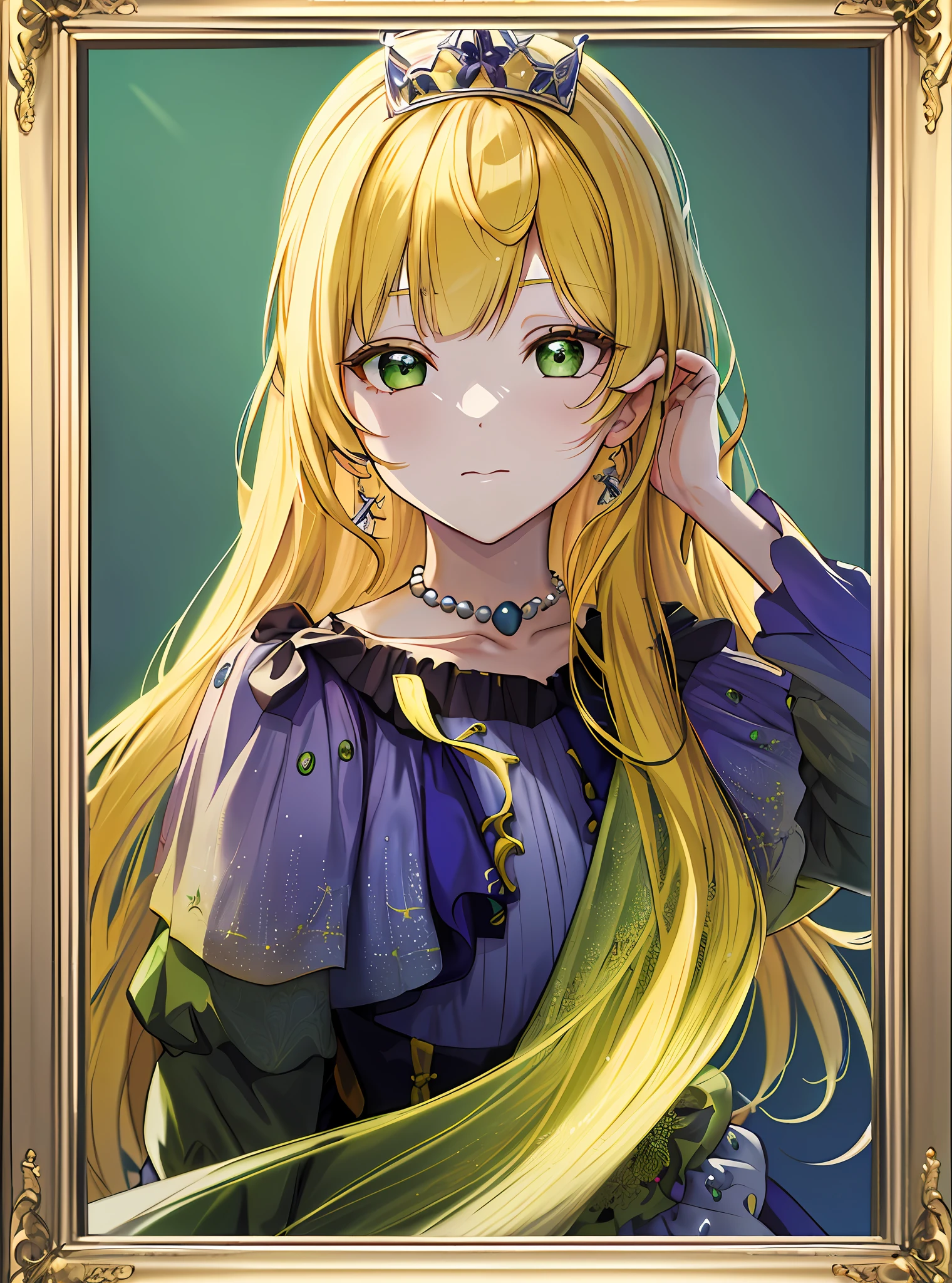 masterpiece, (best quality:1.4), detailed, sumire1, (solo), HD, (yellow hair:1.1), (long hair:1.1), (green eyes:1.2), (closed mouth:1.2), tiara, face, (face portrait:1.2), (upper body:1.2), (dress:1.0), (long sleeve dress:1.2), (necklace:1.1), (jewelry:1.1), (looking at viewer:1.2), detailed eyes, detailed hair, highres, (simple background:1.3), (lighting:1.2), high details, (framed:1.3)