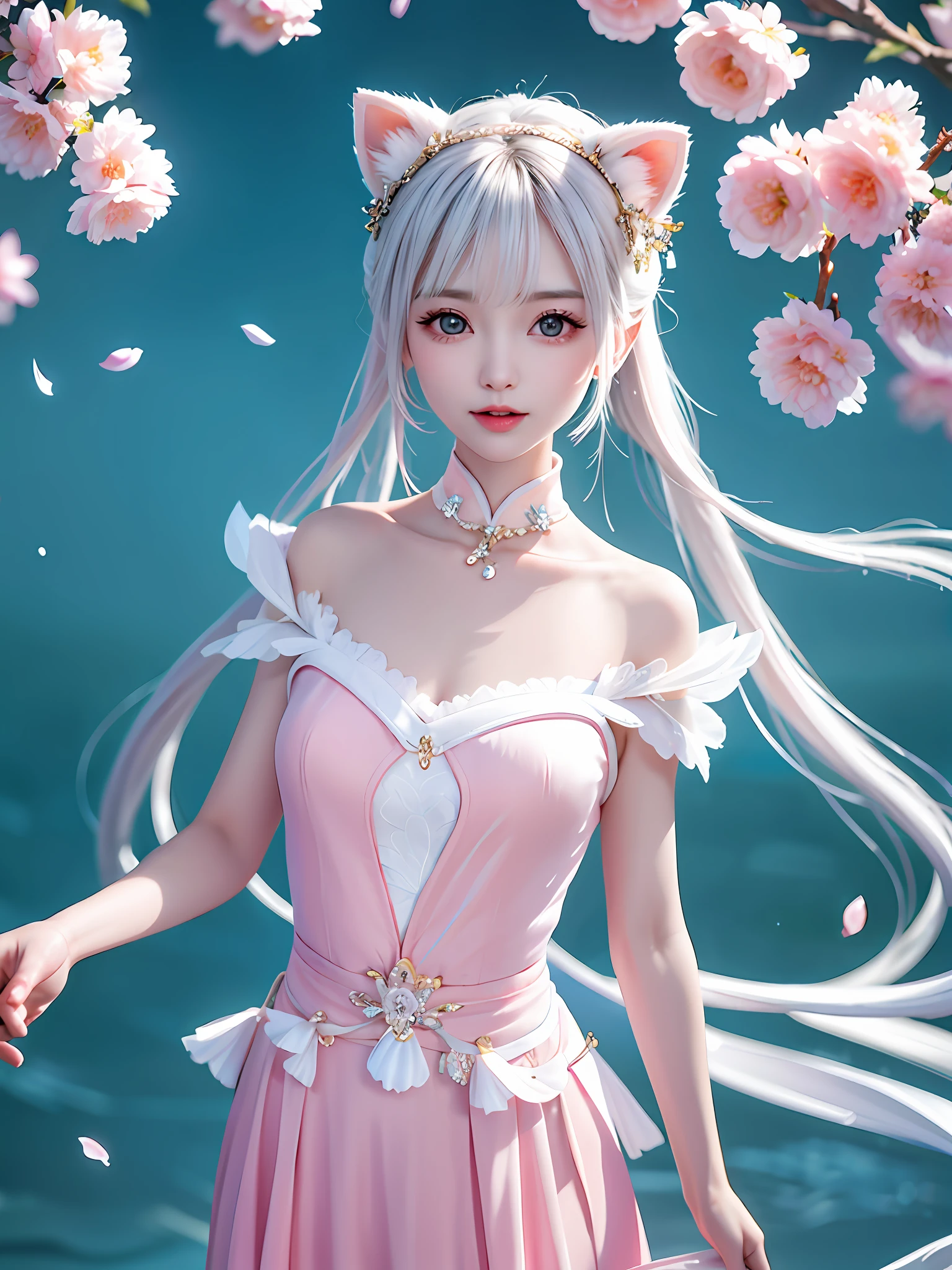 A gentle and lovely Chinese beautiful woman, delicate and sexy collarbone, charming goose egg face, double eyelids, smart peach blossom eyes, pink lips, small upturned nose, bare shoulders, focused face, face close-up, ultra HD, super detail, full body photo, ultra-thin translucence, cat ears, snowflakes falling, pure white hair, (high detail fingers: 1.5)