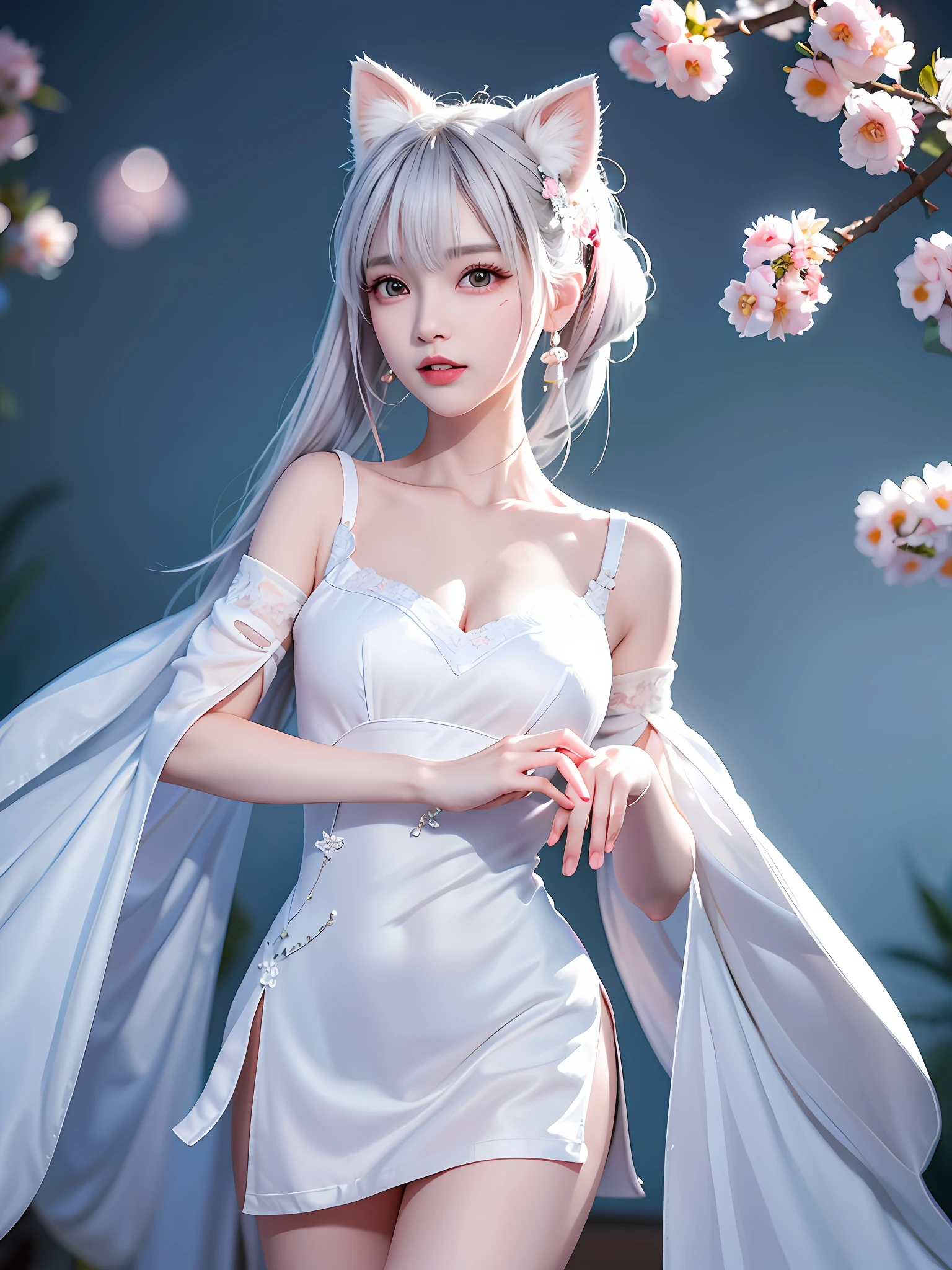 A gentle and lovely Chinese beautiful woman, delicate and sexy collarbone, charming goose egg face, double eyelids, smart peach blossom eyes, pink lips, small upturned nose, bare shoulders, focused face, face close-up, ultra HD, super detail, full body photo, ultra-thin translucence, cat ears, snowflakes falling, pure white hair, (high detail fingers: 1.5)