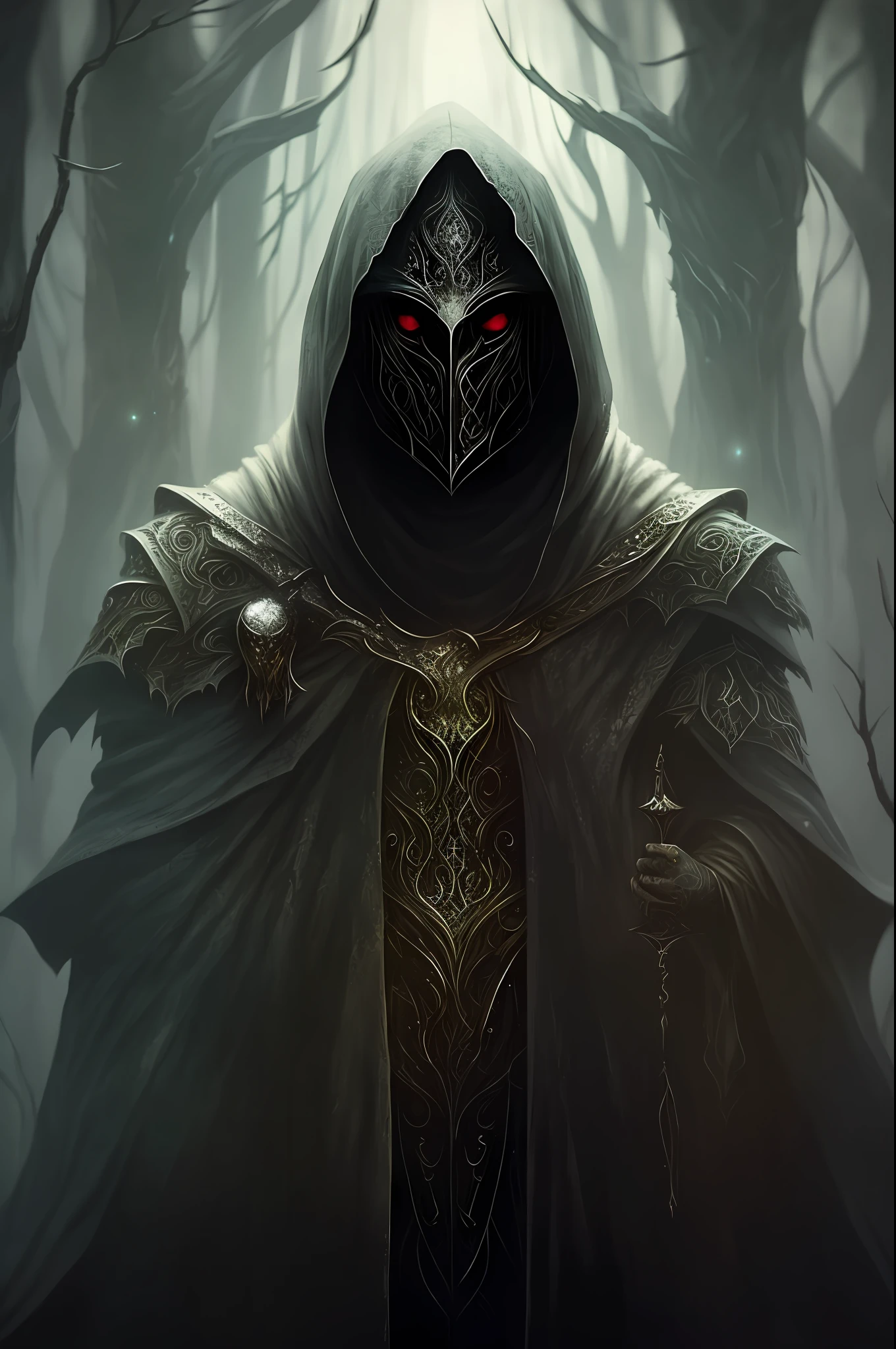 arafed hooded man in a dark forest with a glowing sword, dark hooded wraith, dark fantasy style art, dark fantasy character design, dark cloaked necromancer, dark robed, dark fantasy concept art, fantasy concept art portrait, cloaked, in style of dark fantasy art, detailed matte fantasy portrait, hooded cloaked sith lord
