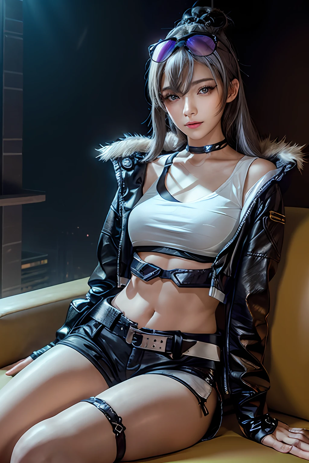 (RAW photo, best quality), (realistic, photo-realistic:1.3), masterpiece, an extremely delicate and beautiful, extremely detailed, CG, unity , 2k wallpaper, Amazing, finely detail, light smile, extremely detailed CG unity 8k wallpaper, huge filesize, ultra-detailed, highres, absurdres, soft light,1girl, SilverWolfV4, (full body:1.3), ((dynamic lighting,depth of field)),Wide angle view,((small breasts)),  solo, cute, young, realistic face, mature face, beautiful detailed girl,  silk grey white hair, long hair, grey eyeballs, extremely detailed eyes and face, beautiful detailed nose, beautiful detailed eyes, long eyelashes, realistic body, cyberpunk,outdoors, neon-lit stars background, sit sofa,crossed legs, light on face,looking at viewer, cosplay,detailed fingers, beautiful detailed thigh, shirt, gloves, long sleeves, navel, jewelry, jacket, white shirt, thighs, shorts, choker, black gloves, midriff, belt, fingerless gloves, armpits, stomach, black jacket, crop top, short shorts, thigh strap, black shorts, eyewear on head,  weapon, gun, drill hair, holding gun, bullpup,
