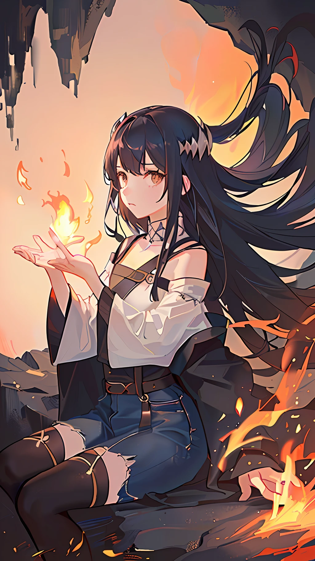 (Best quality, masterpiece), (1girl, solo, brown robe, emoticon, far view, sitting, wide sleeves, black eyes, closed mouth, long hair, denim photo), (night sky at the mouth of the cave, bottom of light rising from the mouth of the cave, inside the cave, floating a bunch of glowing yellow particles, burning fire at hand, floating many small fires),