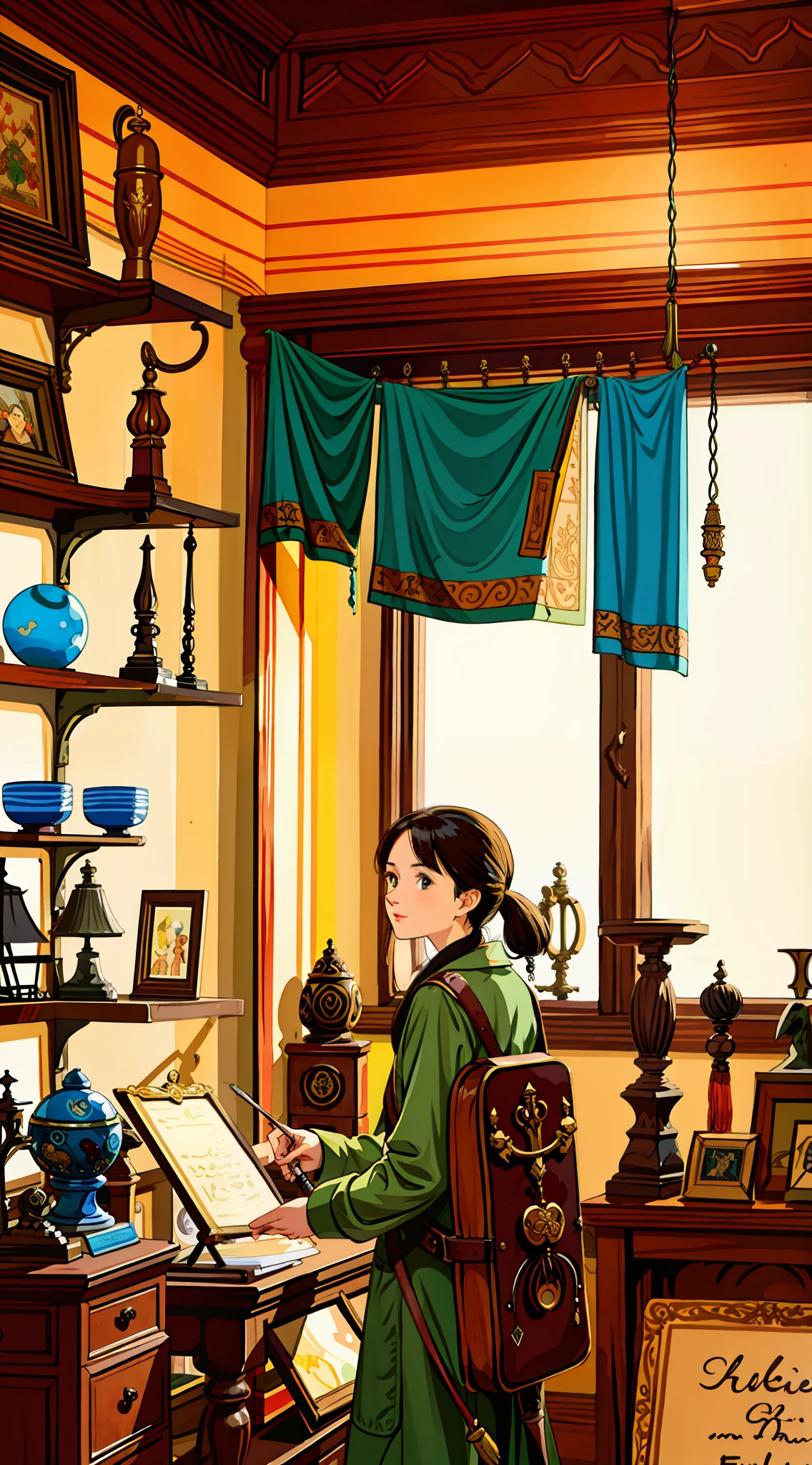 In a cluttered antique shop, all kinds of quirky items fill every corner. There are ancient globes, bronzes, mysterious bone specimens, ancient scrolls, etc. Tourists are like explorers here, looking for their treasures. Each item seems to have a curious story waiting to be uncovered.