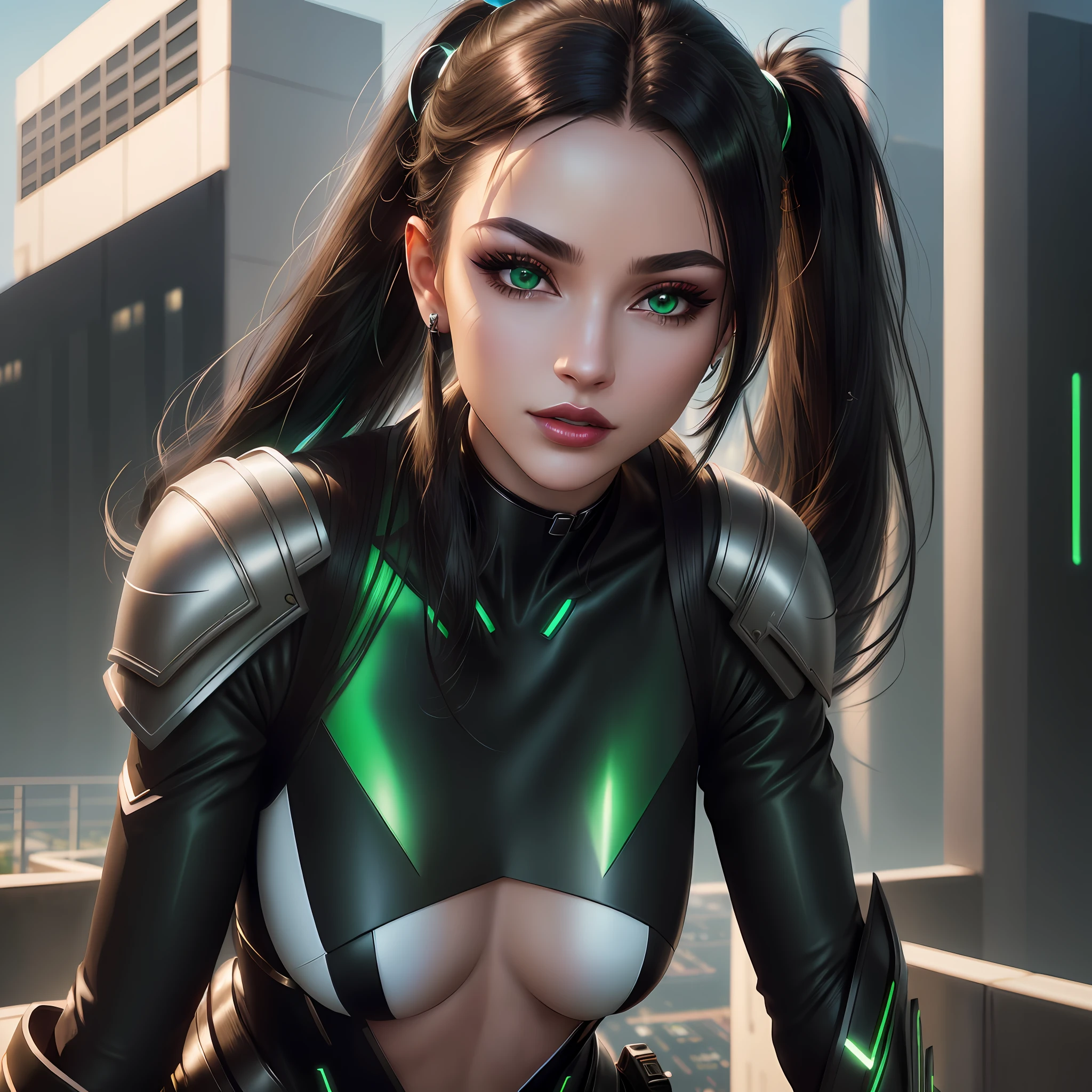 1 woman in the air, skydiving between skyscrapers, sky, night sky, (green eyes, white skin, long black hair, ponytail, choker, small breasts, lipstick, makeup, eyeliner), wearing a neon metalic armor integrated in her skin, metsalic cyber-wings symetrical, (cyberpunk theme), (masterpiece, best quality, 8k, sharp focus, depth of field, best shadows, perfect lights, HDR, realistic skin texture, ultra-detailed and detailed background),