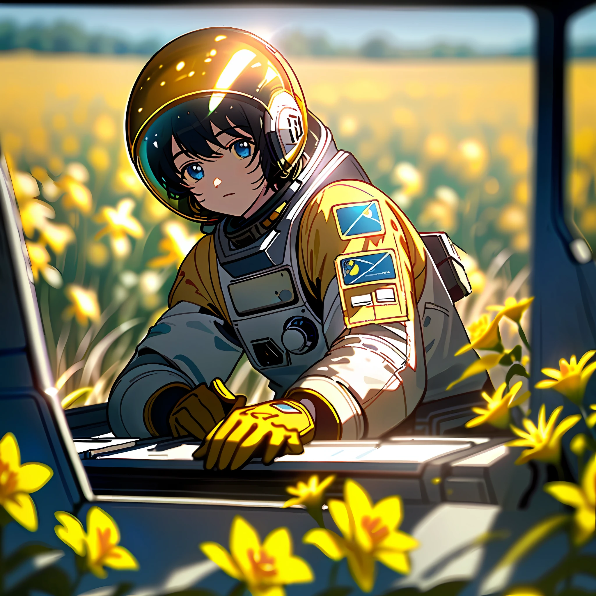 (Masterpiece, Best Quality), Film Composition, Letterbox, Depth of Field, Single Focus, Astronaut Sitting in Field with Yellow Flowers, Lying on the Ground to Rest, Gloves, Yellow Flowers, Black Gloves, Spacesuit, Science Fiction, Sunlight, Black Hair, Blue Eyes, Looking at the Audience
